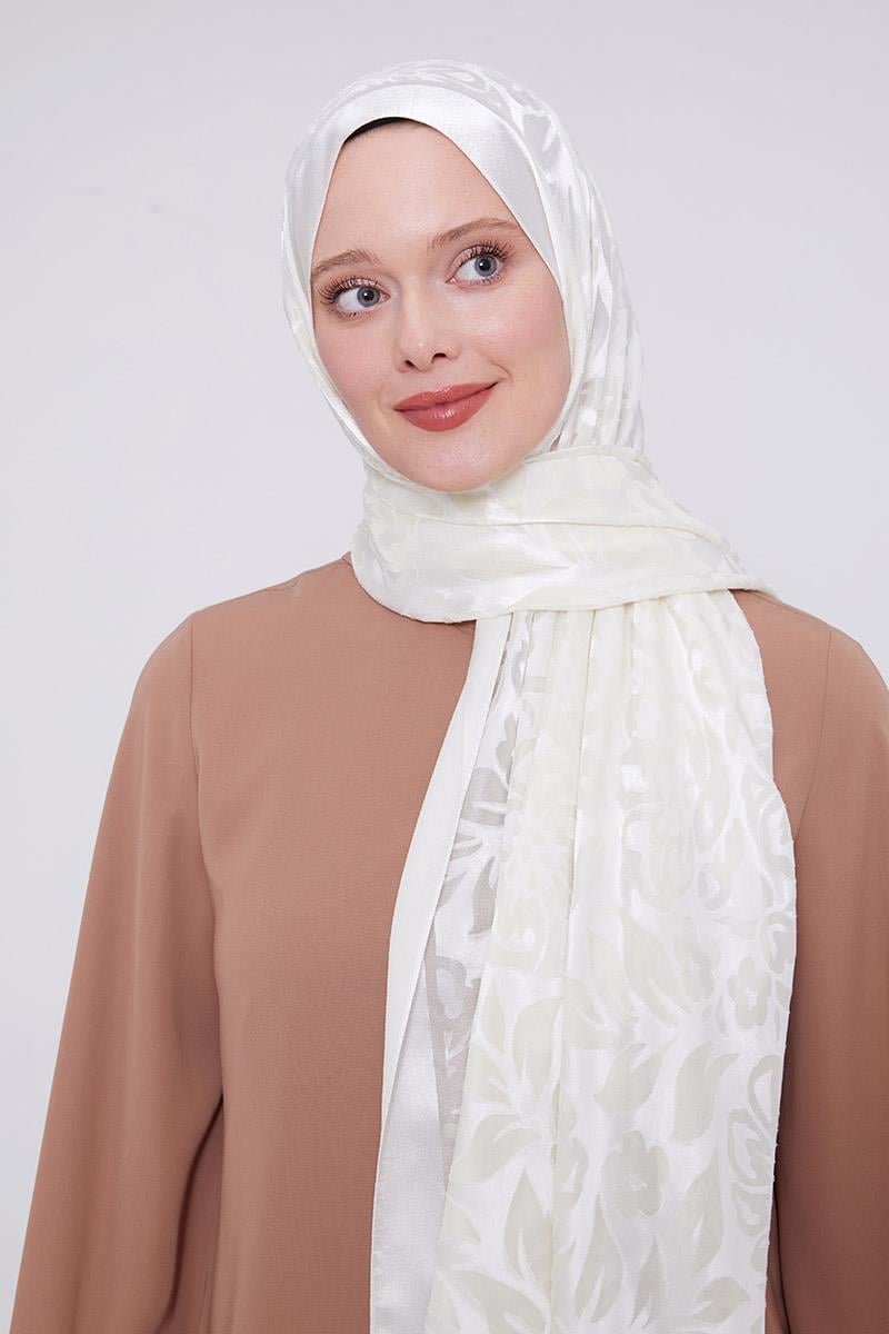 Fivescarf Ekru Çiçek Desen Deluxe Devore Şal