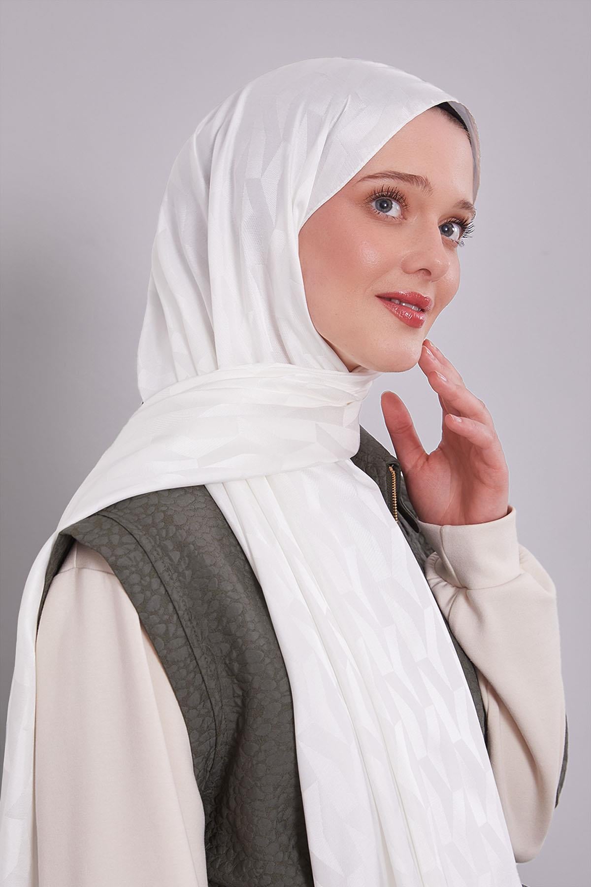 Fivescarf Ekru Geometrik Desen Jakar Şal