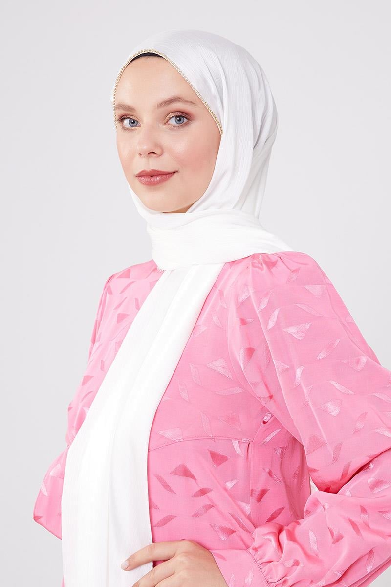 Fivescarf Ekru Yanları Taş Şeritli Brilant Şal