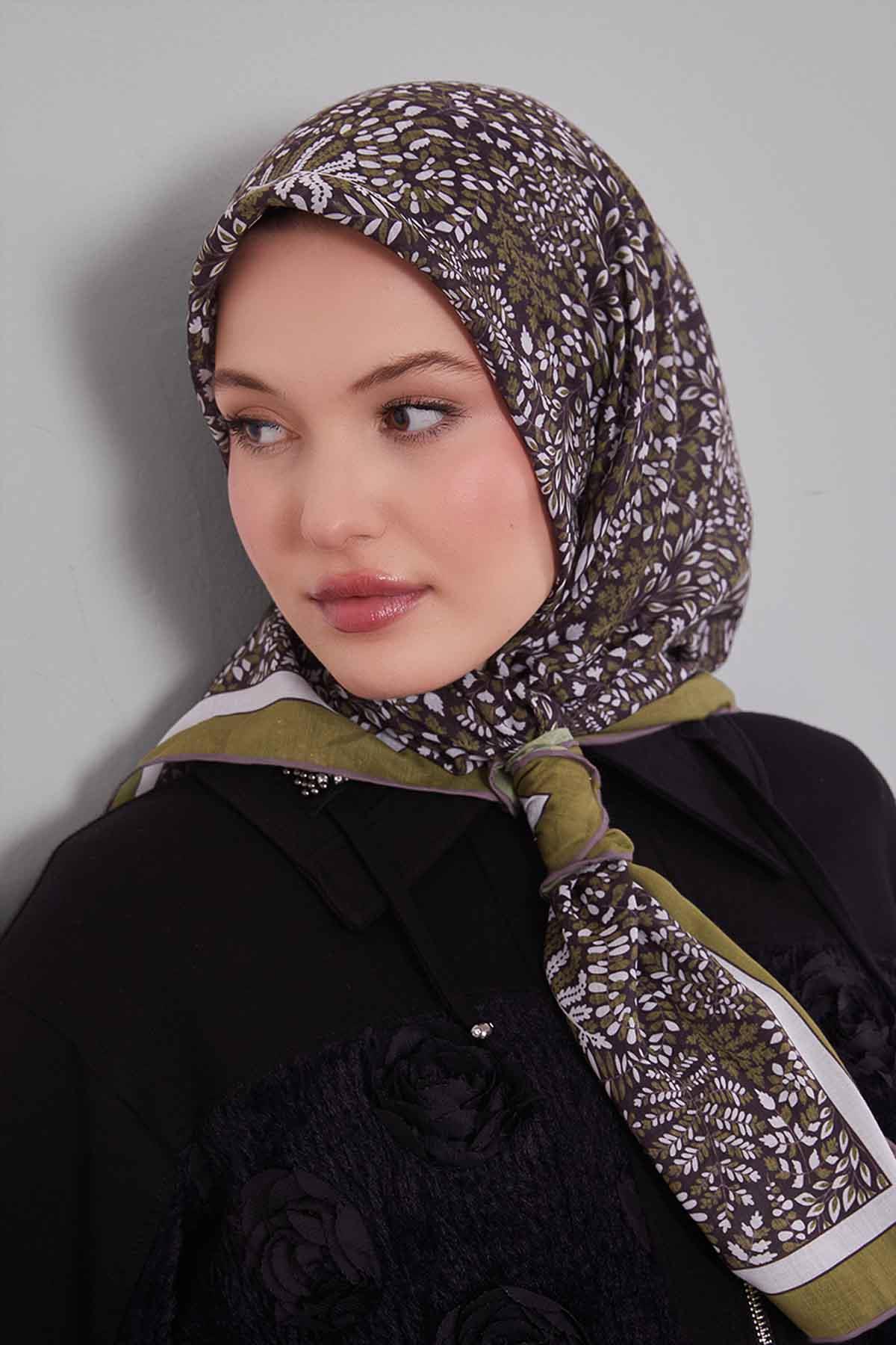 Fivescarf Fıstık Yeşili Mini Yaprak Desen Silk Coton Eşarp