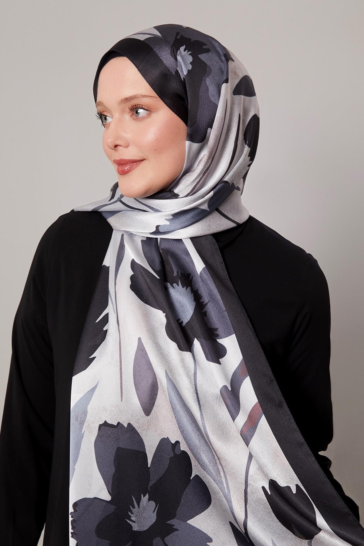 Fivescarf Füme Somut Çiçek Desenli Vual İpek Şal