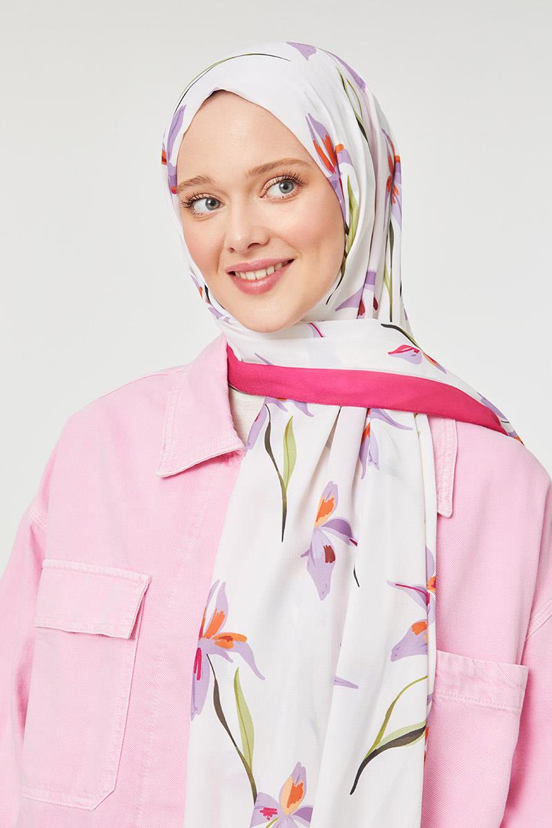 Fivescarf Fuşya Çiçek Baskılı Mono Krep Şal