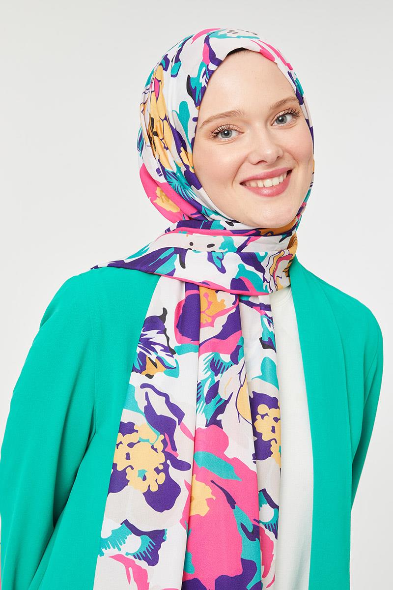 Fivescarf Fuşya Çiçek Desenli Mono Şal