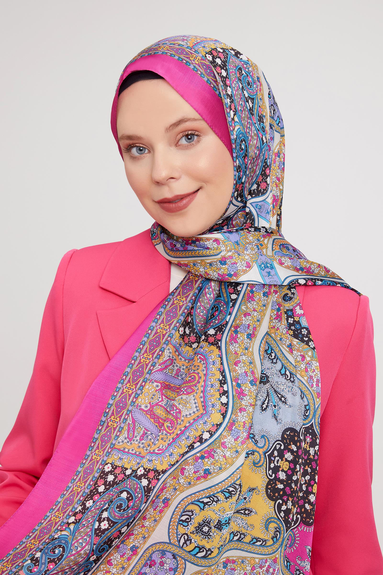 Fivescarf Fuşya Etnik Baskılı Vual İpek Şal