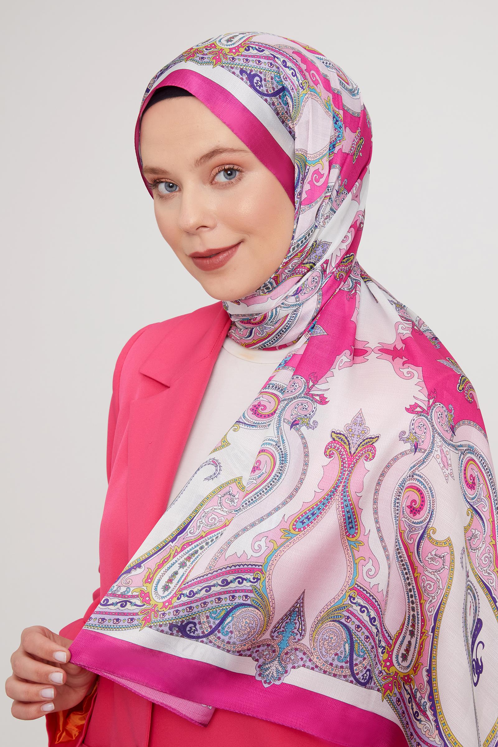 Fivescarf Fuşya Etnik Çini Desen Vual İpek Şal