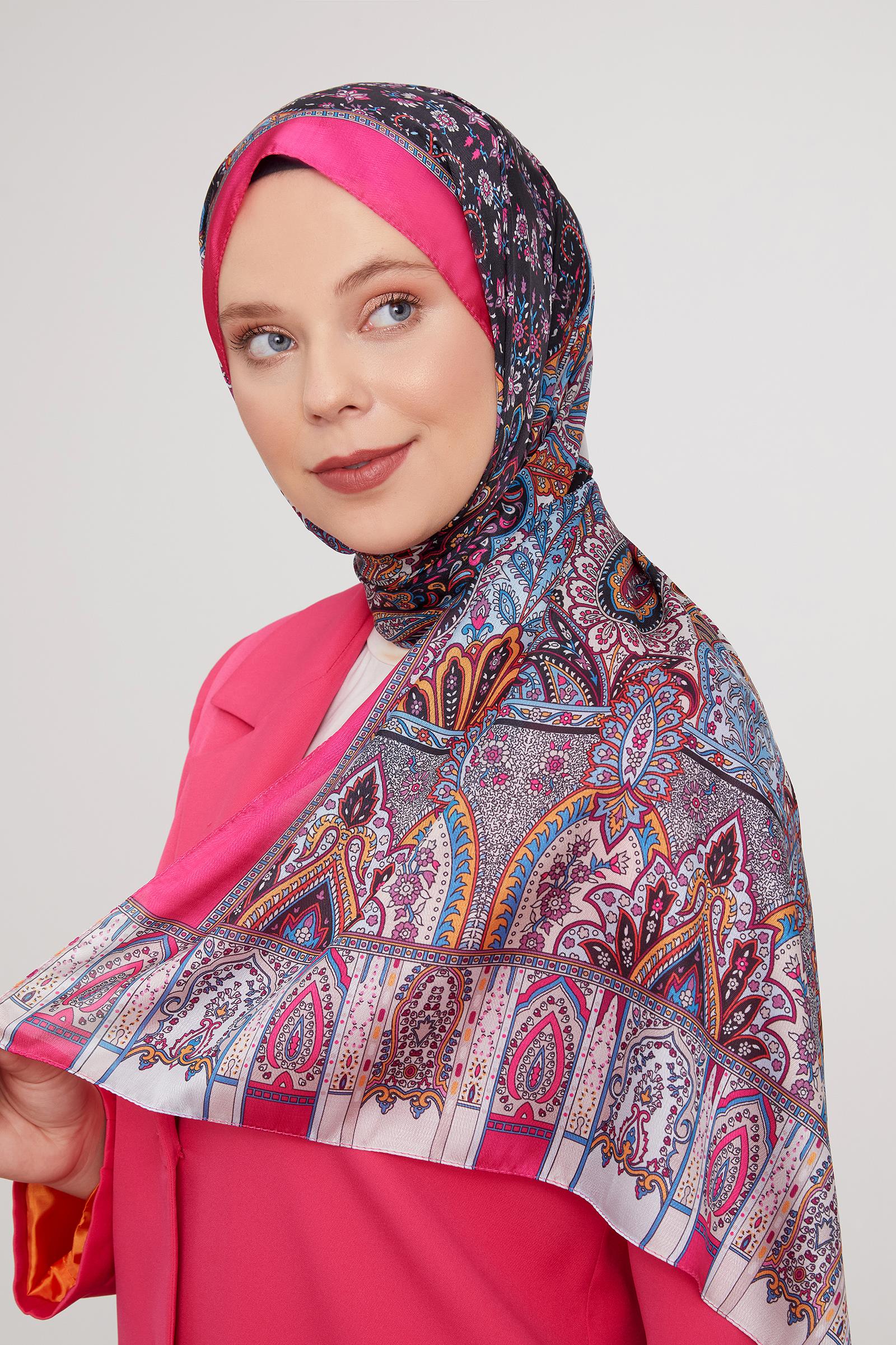 Fivescarf Fuşya Etnik Desen Vual İpek Şal