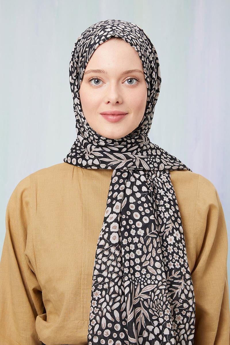 Fivescarf Gece Siyahı Desenli Cotton Şal