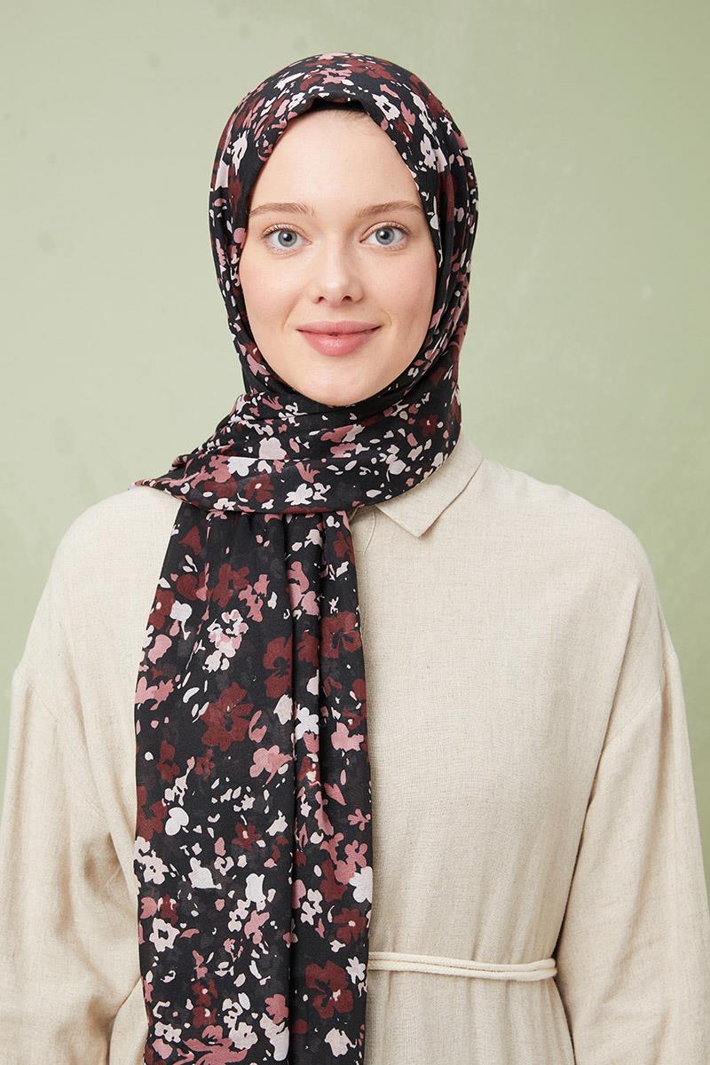 Fivescarf Gece Siyahı Desenli Cotton Şal