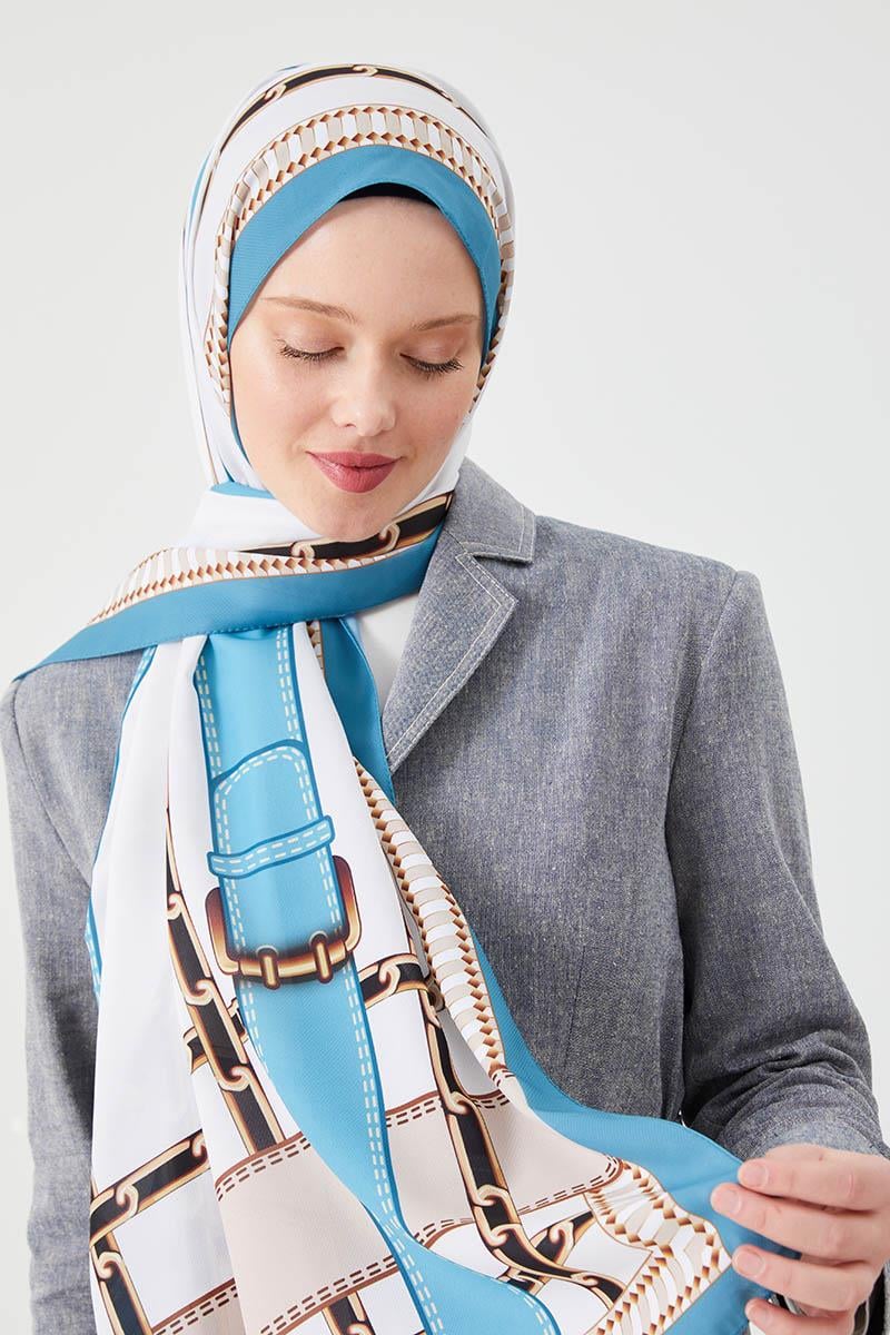 Fivescarf Gök Mavisi Zincir Desen Violet Medine İpeği Şal