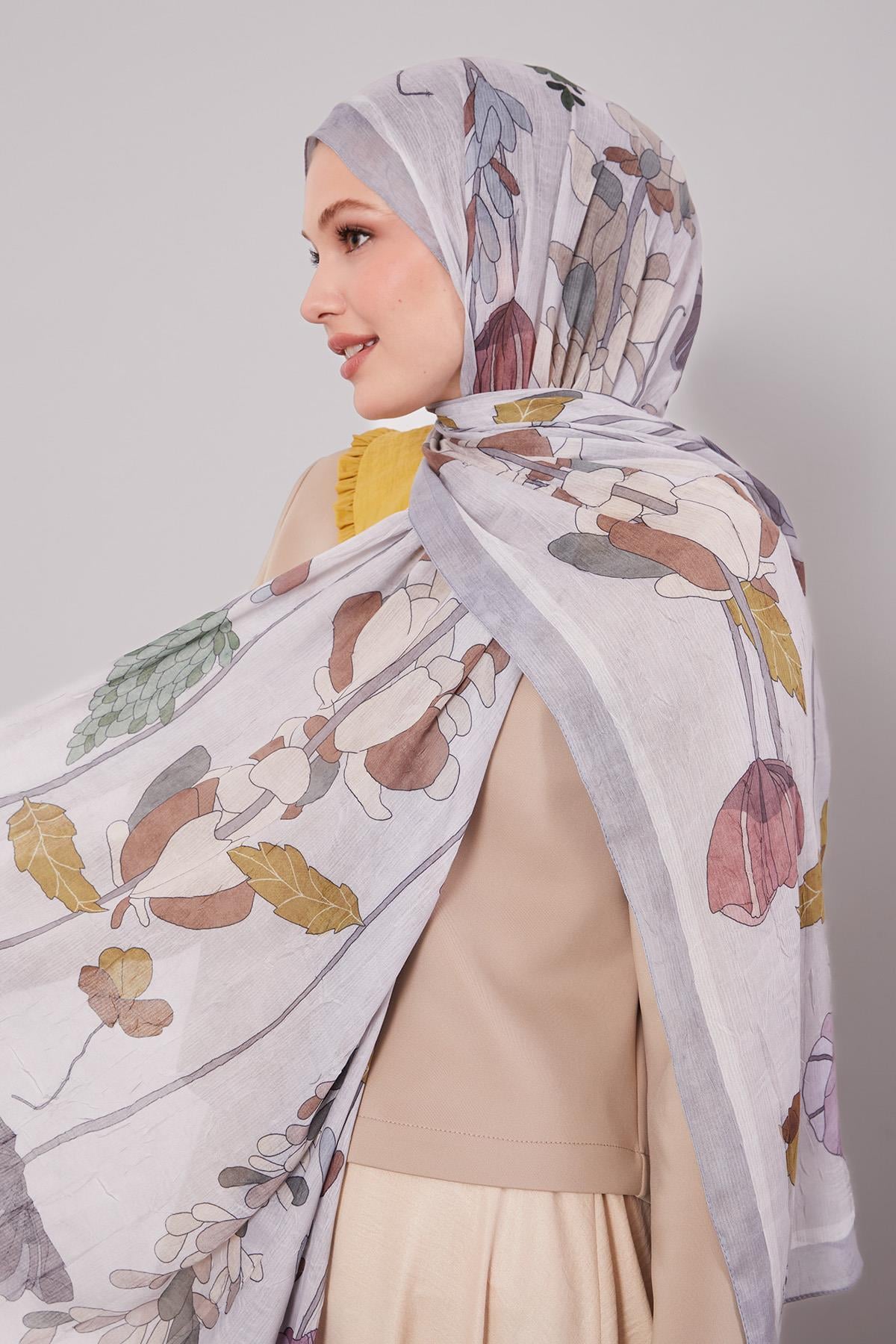 Fivescarf Gri Büyük Çiçek Desenli Craze Comfort Şal