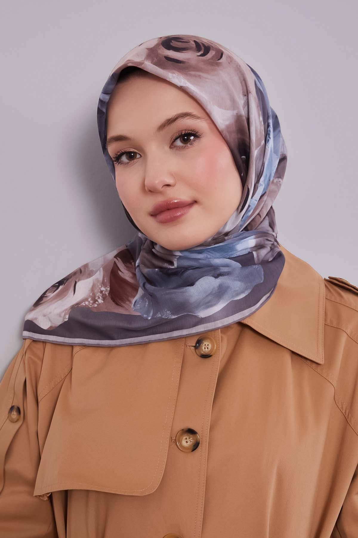 Fivescarf Gri Çiçek Desen Slik Coton Eşarp