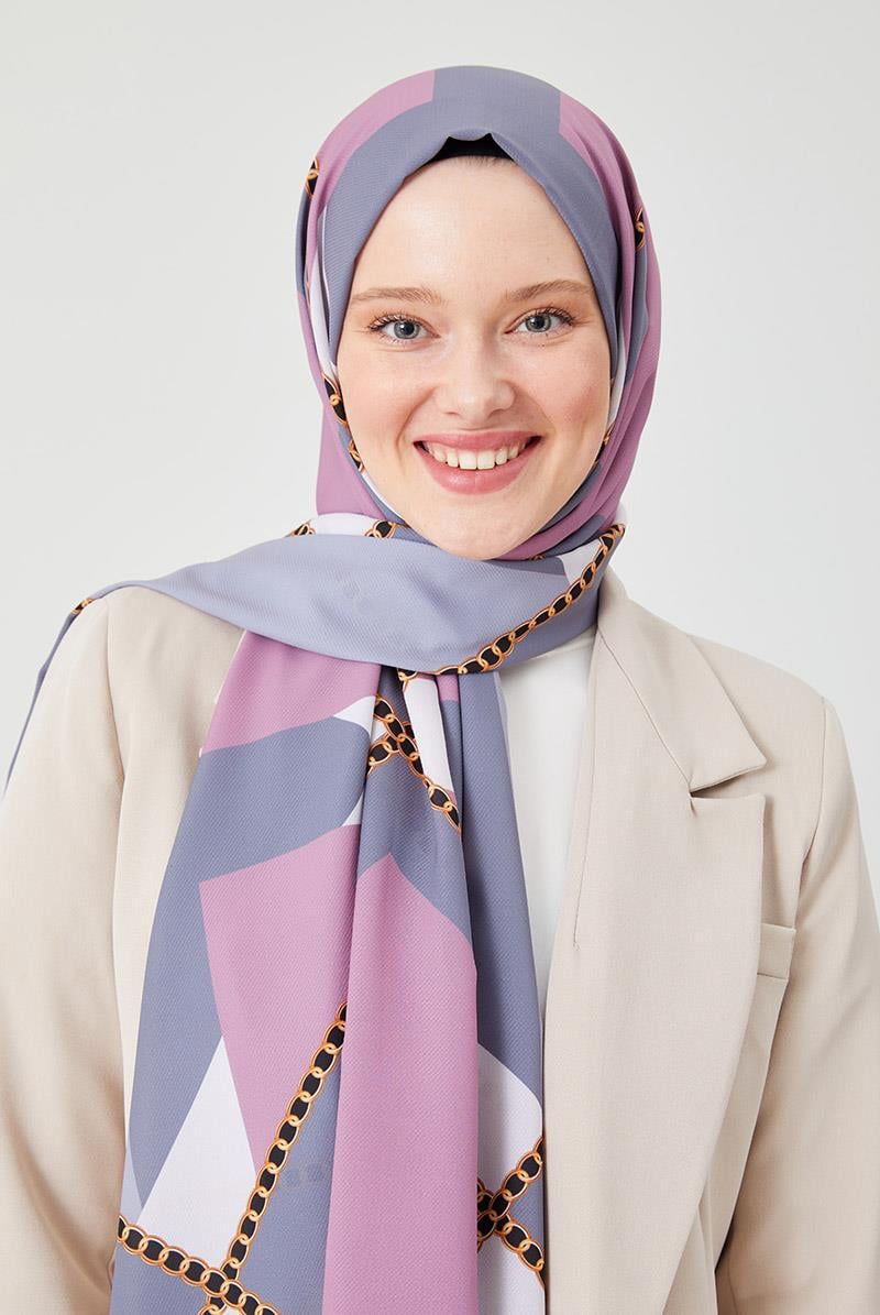 Fivescarf Gri Halka Desen Violet Medine İpeği Şal