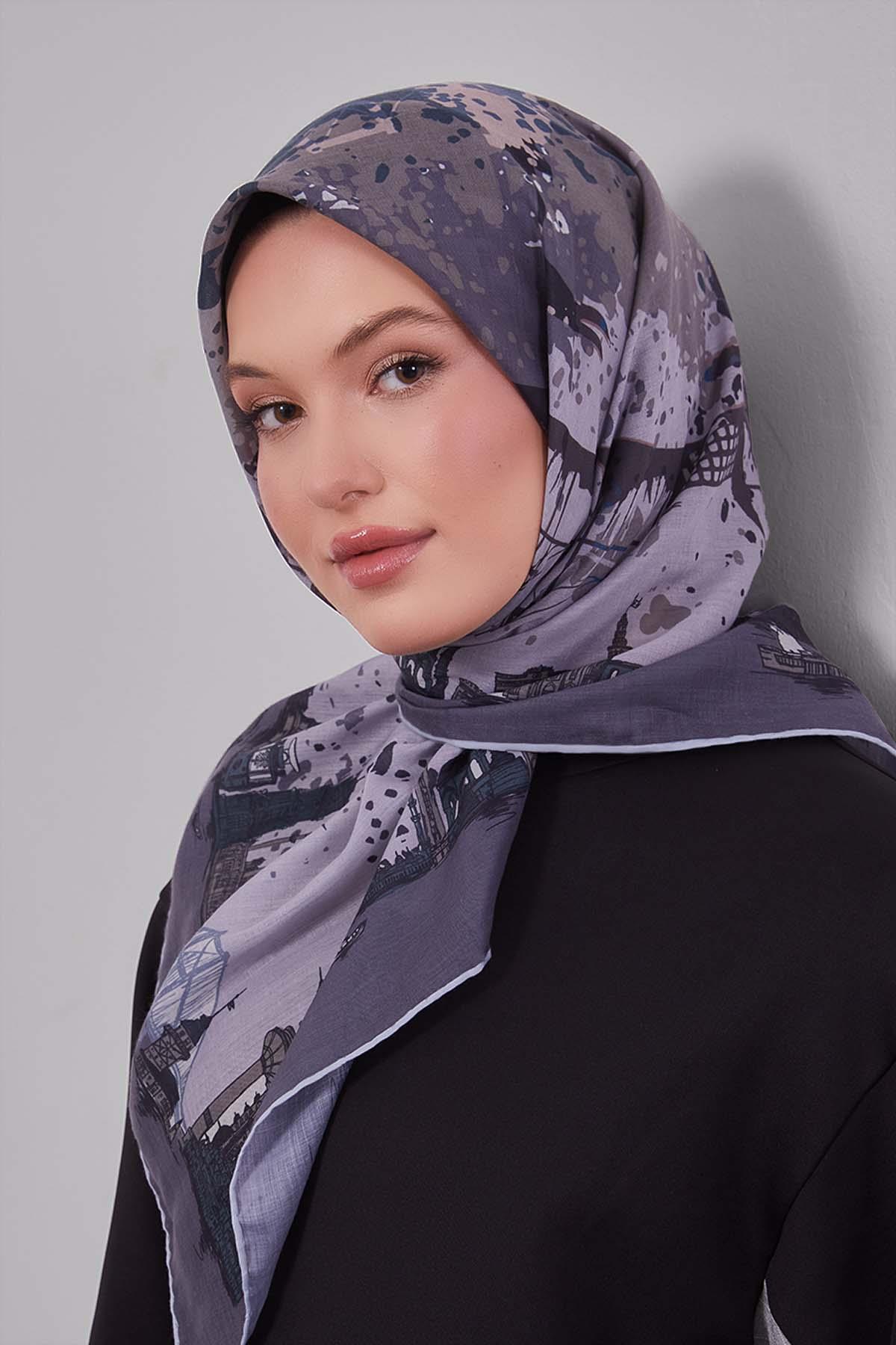 Fivescarf Gri Manzara Desen Silk Coton Eşarp