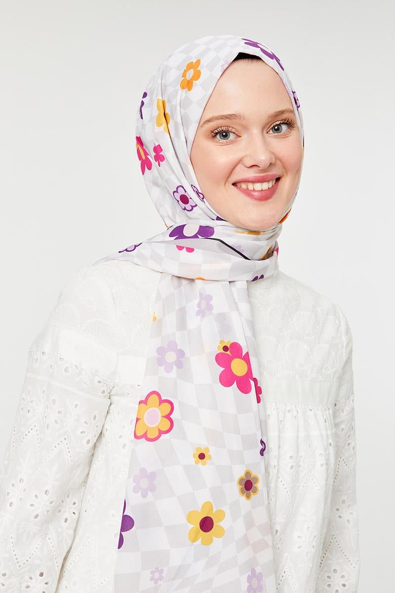 Fivescarf Gümüş Çiçek Desen Mono Krep Şal