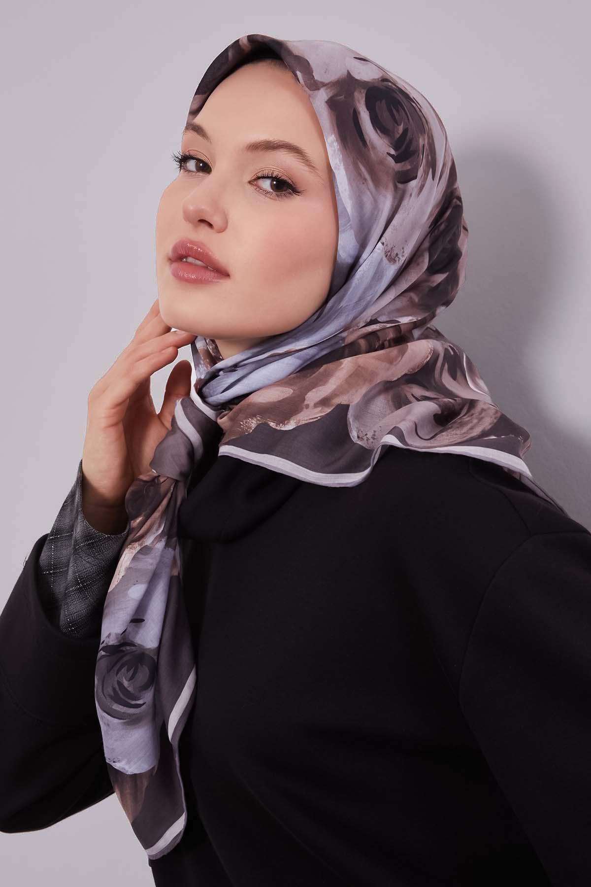 Fivescarf Gümüş Çiçek Desen Slik Coton Eşarp