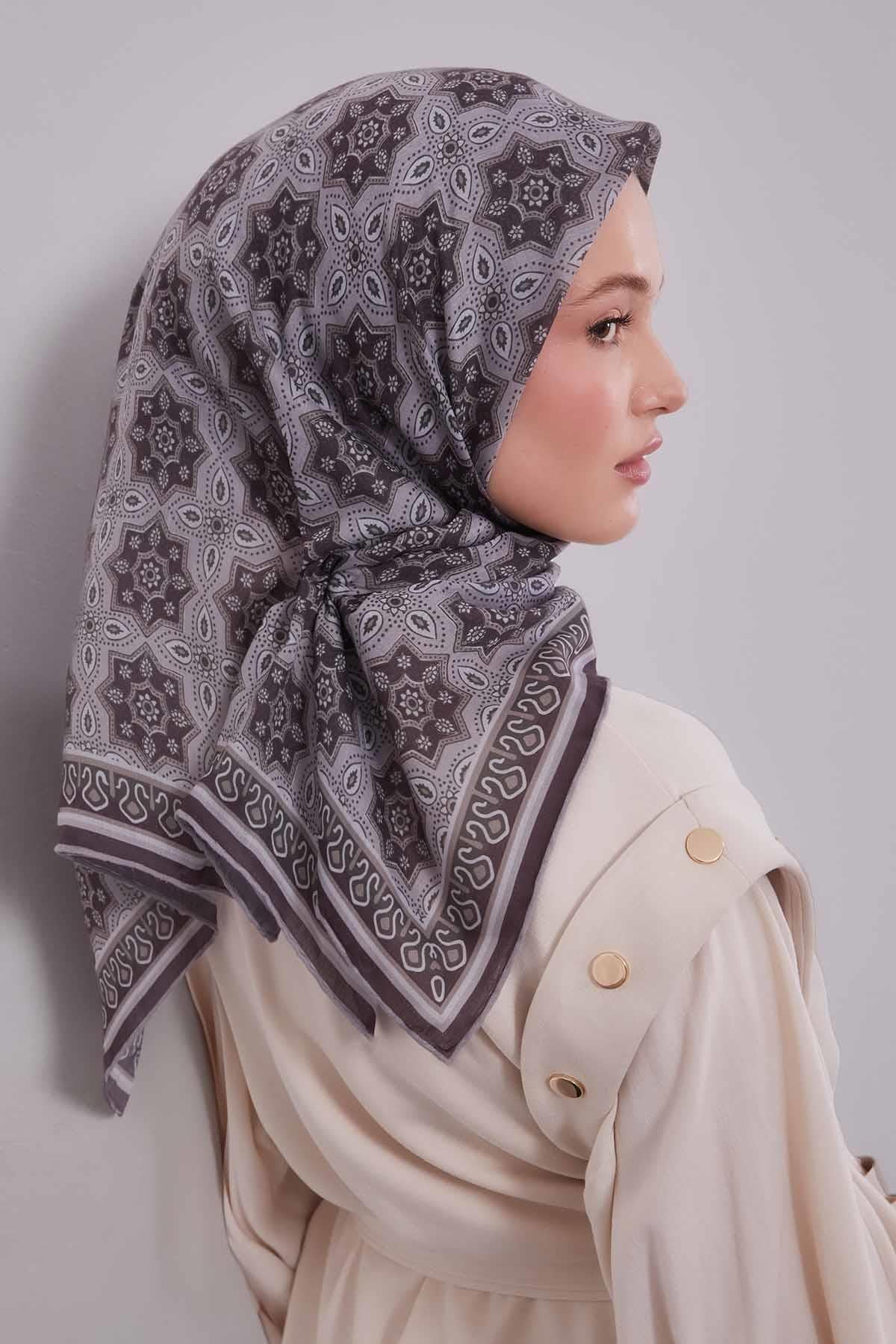 Fivescarf Gümüş Motif Desen Silk Coton Eşarp