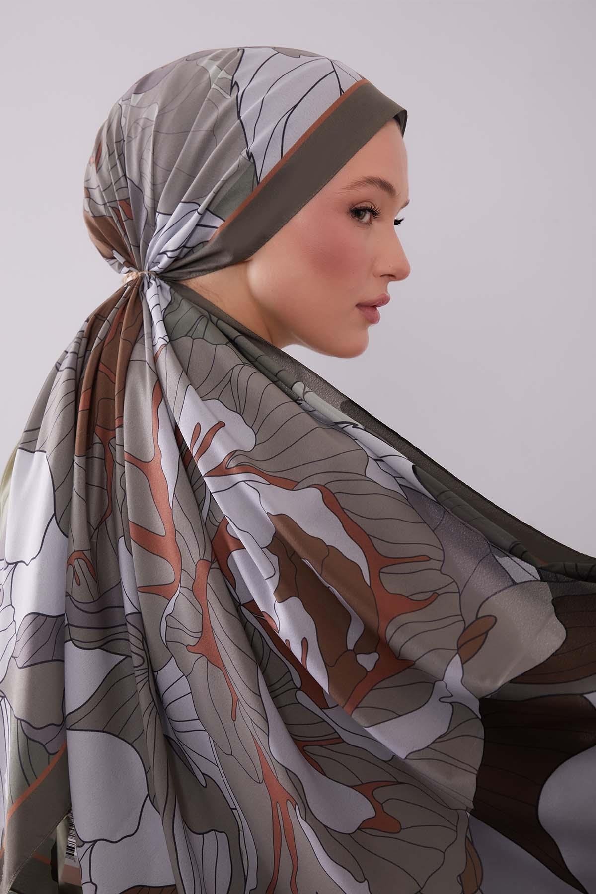 Fivescarf Haki Çiçekli Floral Desen Moos Chrep Şal