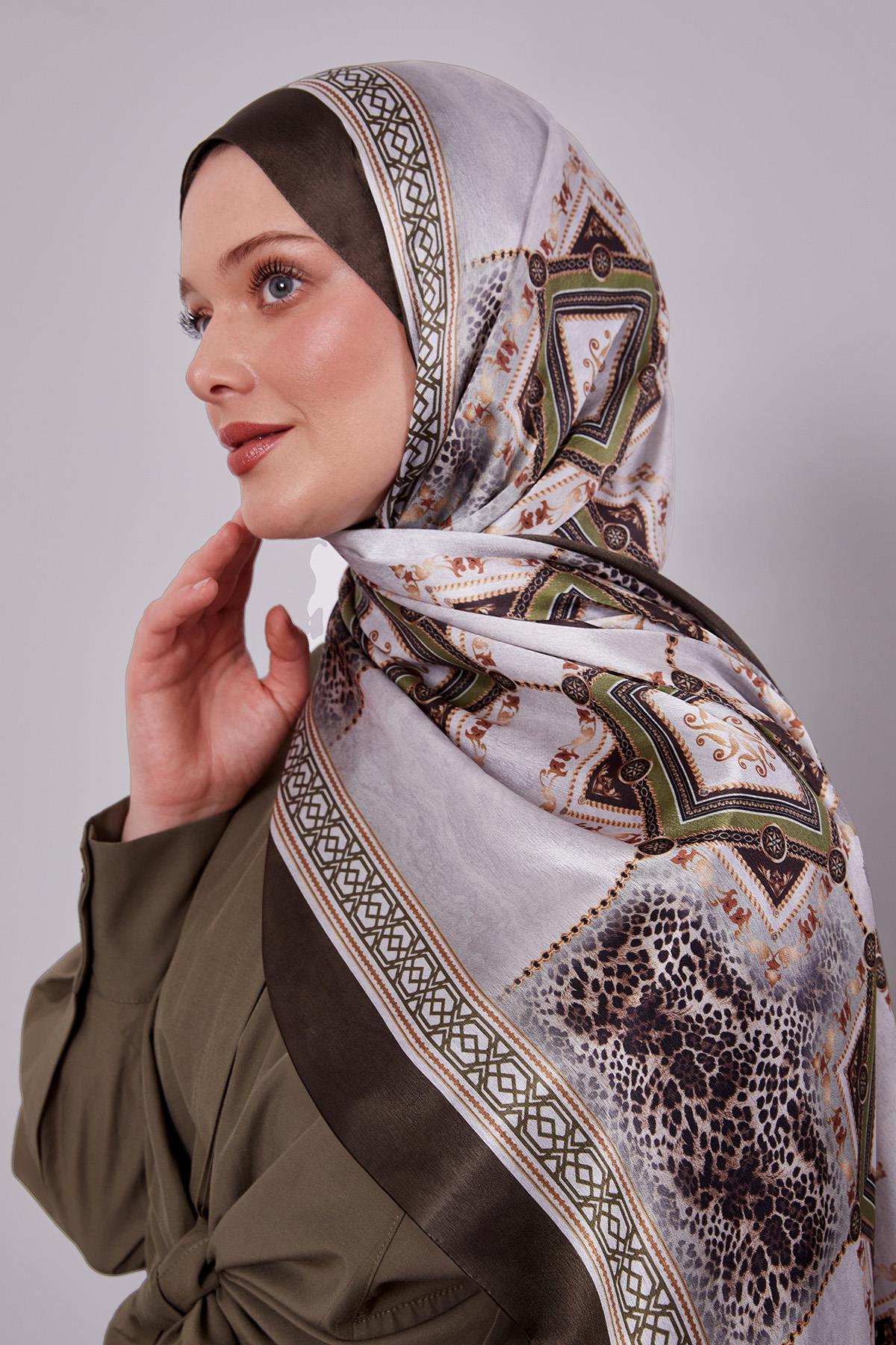 Fivescarf Haki Geometrik Desen Vual İpek Şal