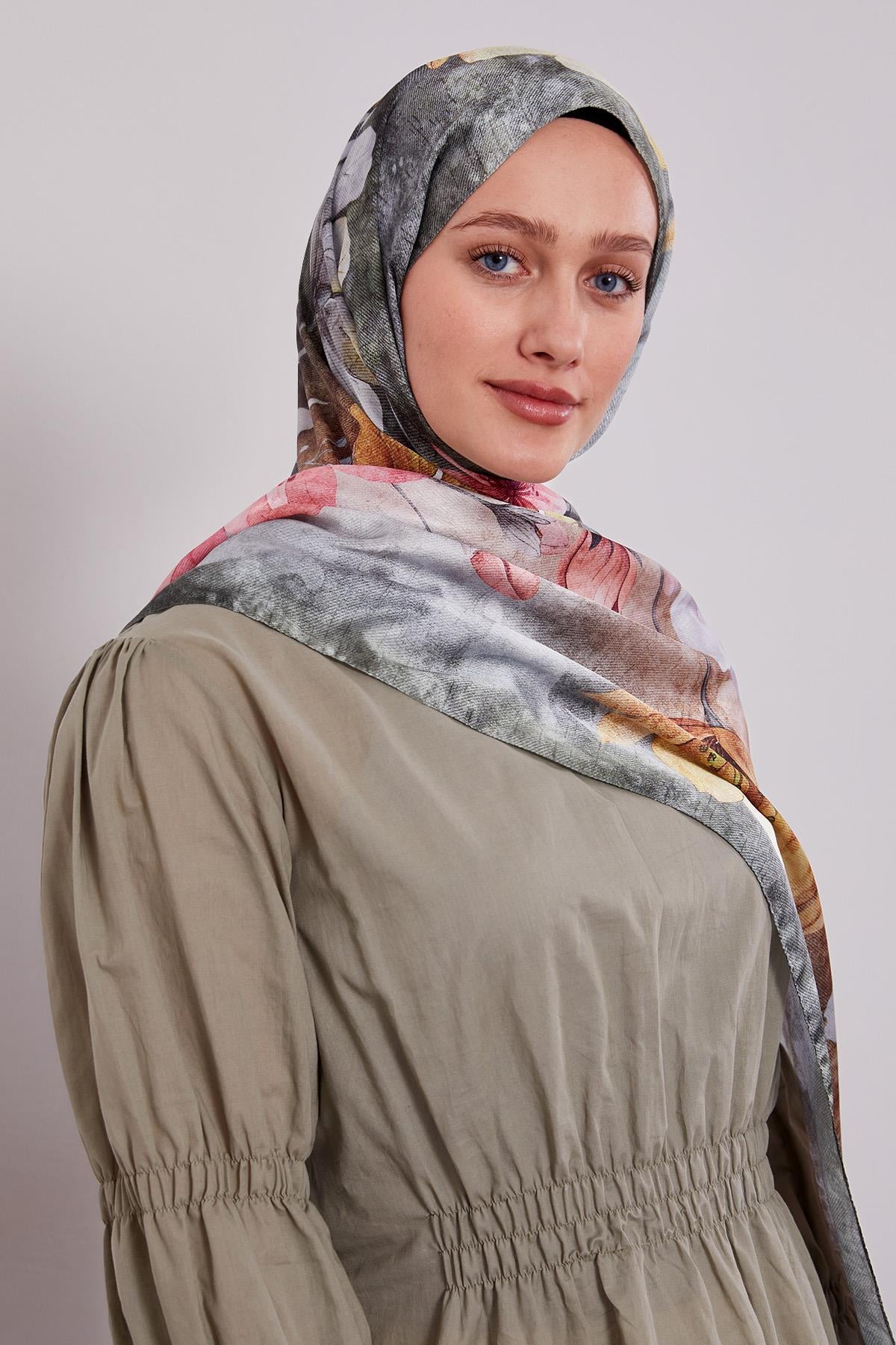 Fivescarf Haki Lale Desen Vual İpek Şal