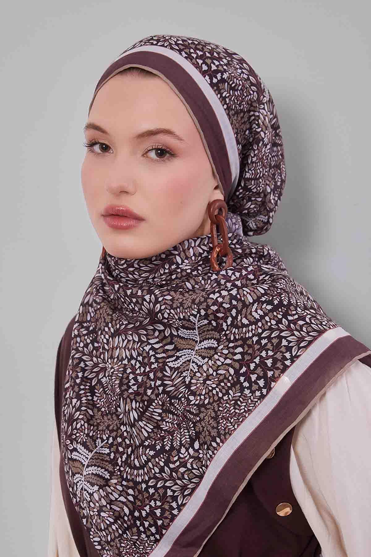 Fivescarf Haki Mini Yaprak Desen Silk Coton Eşarp