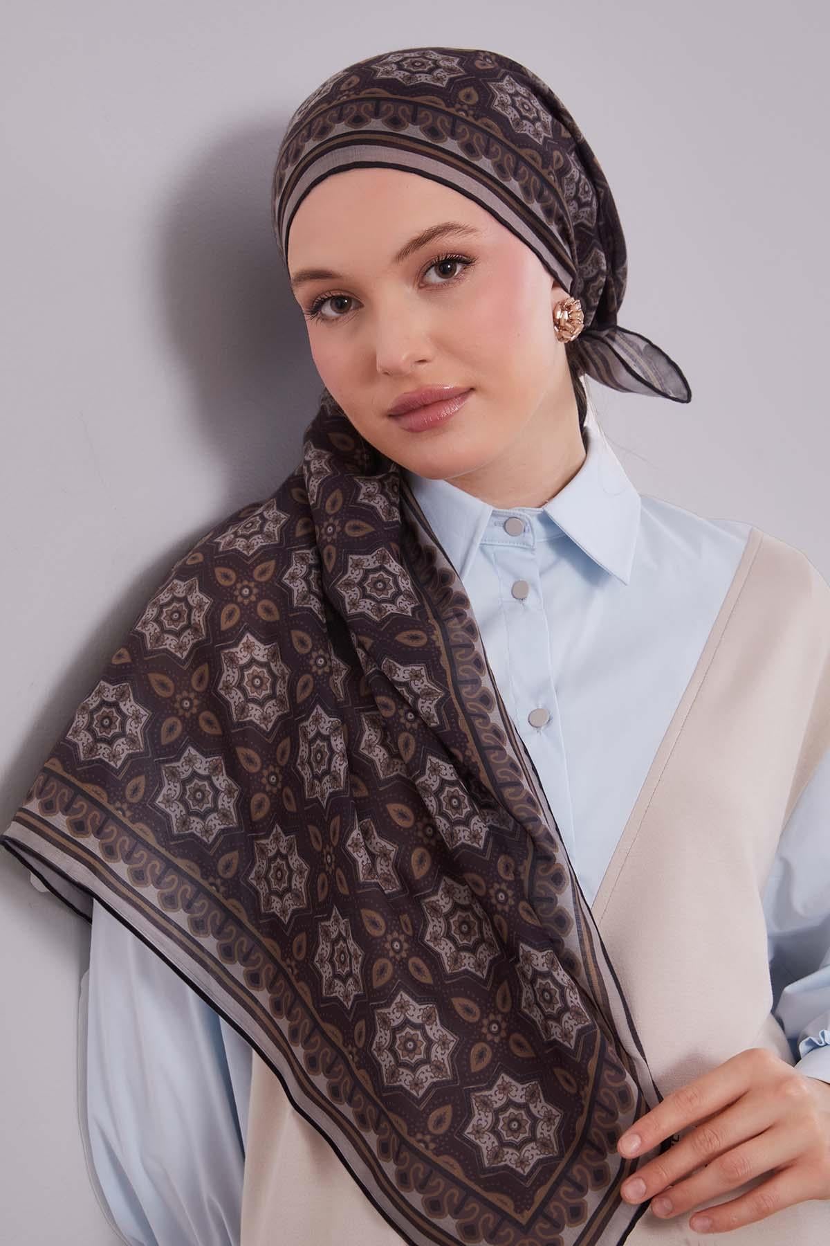 Fivescarf Haki Motif Desen Silk Coton Eşarp