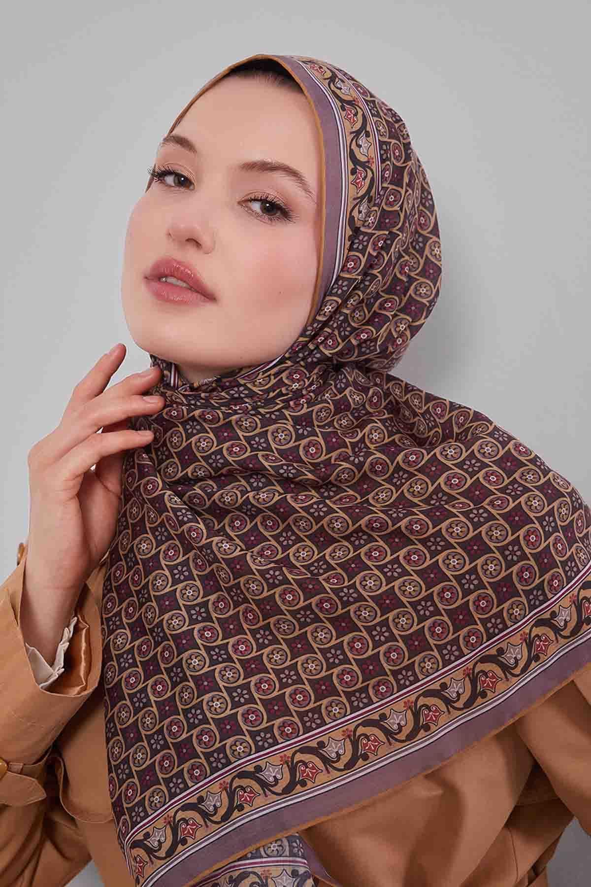 Fivescarf Hardal Papatya Desen Silk Coton Eşarp