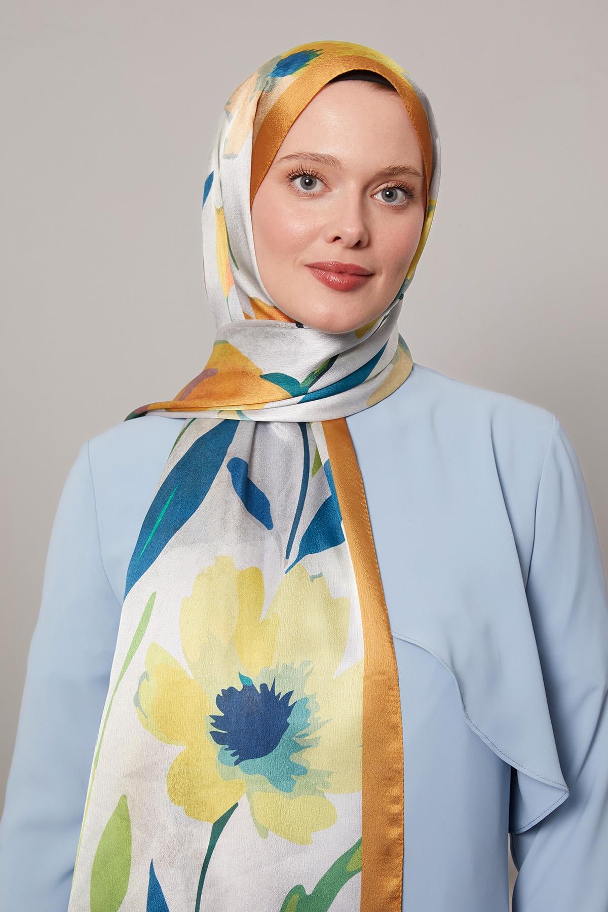 Fivescarf Hardal Somut Çiçek Desenli Vual İpek Şal