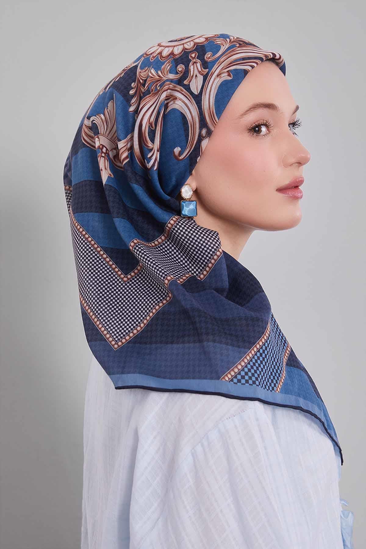 Fivescarf İndigo Boncuk Desen Silk Coton Eşarp