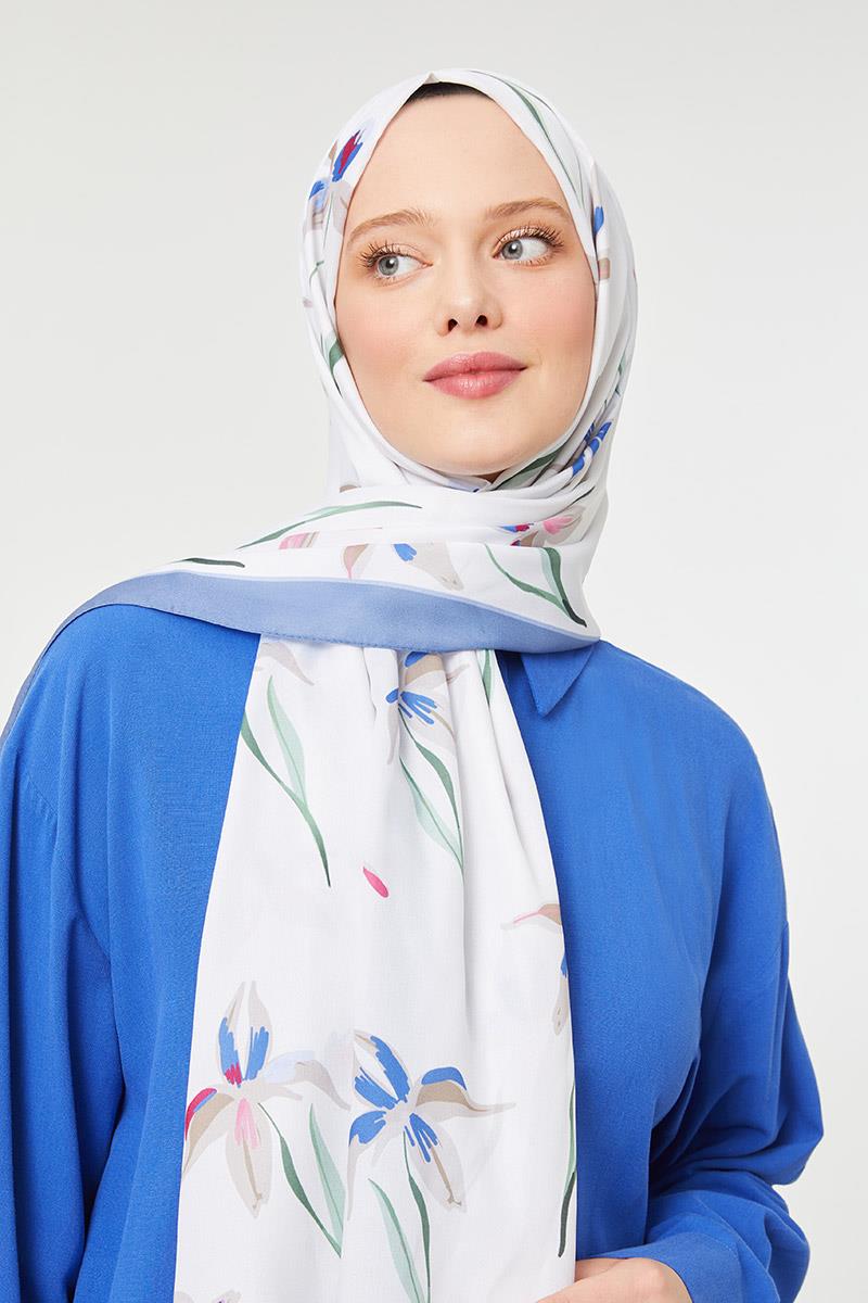 Fivescarf İndigo Çiçek Baskılı Mono Krep Şal