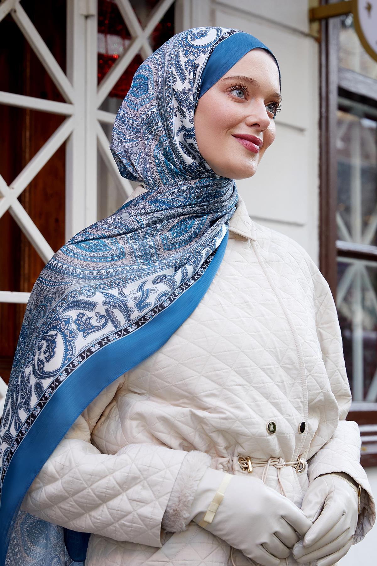 Fivescarf İndigo Etnik Desen Brand Şal