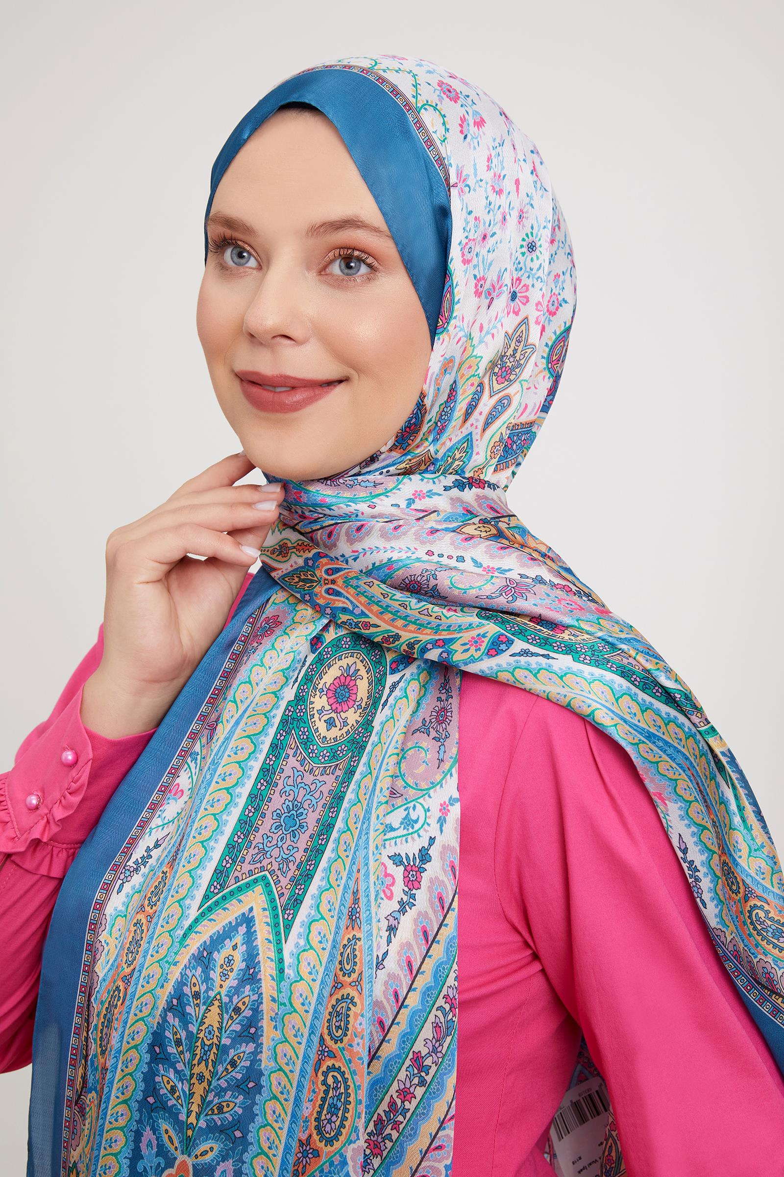 Fivescarf İndigo Etnik Desen Vual İpek Şal