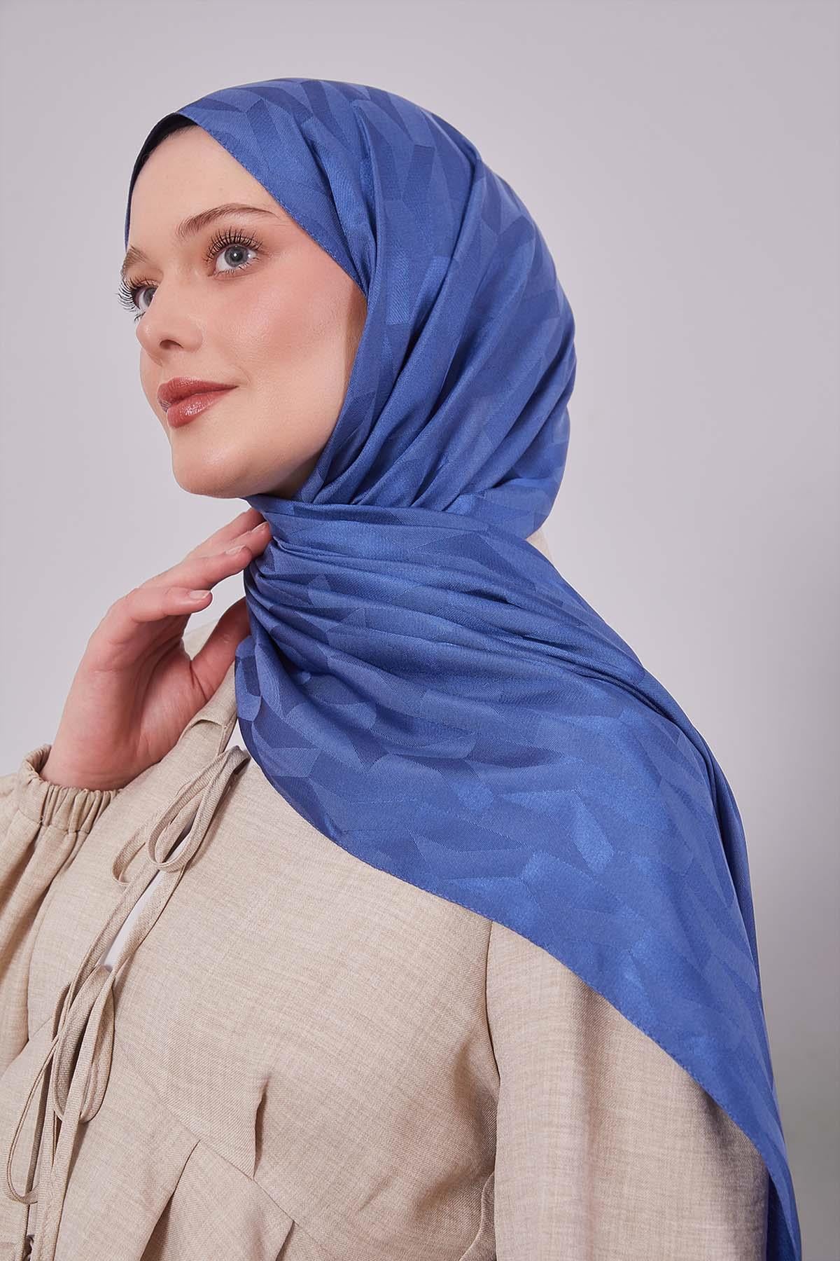 Fivescarf İndigo Geometrik Desen Jakar Şal