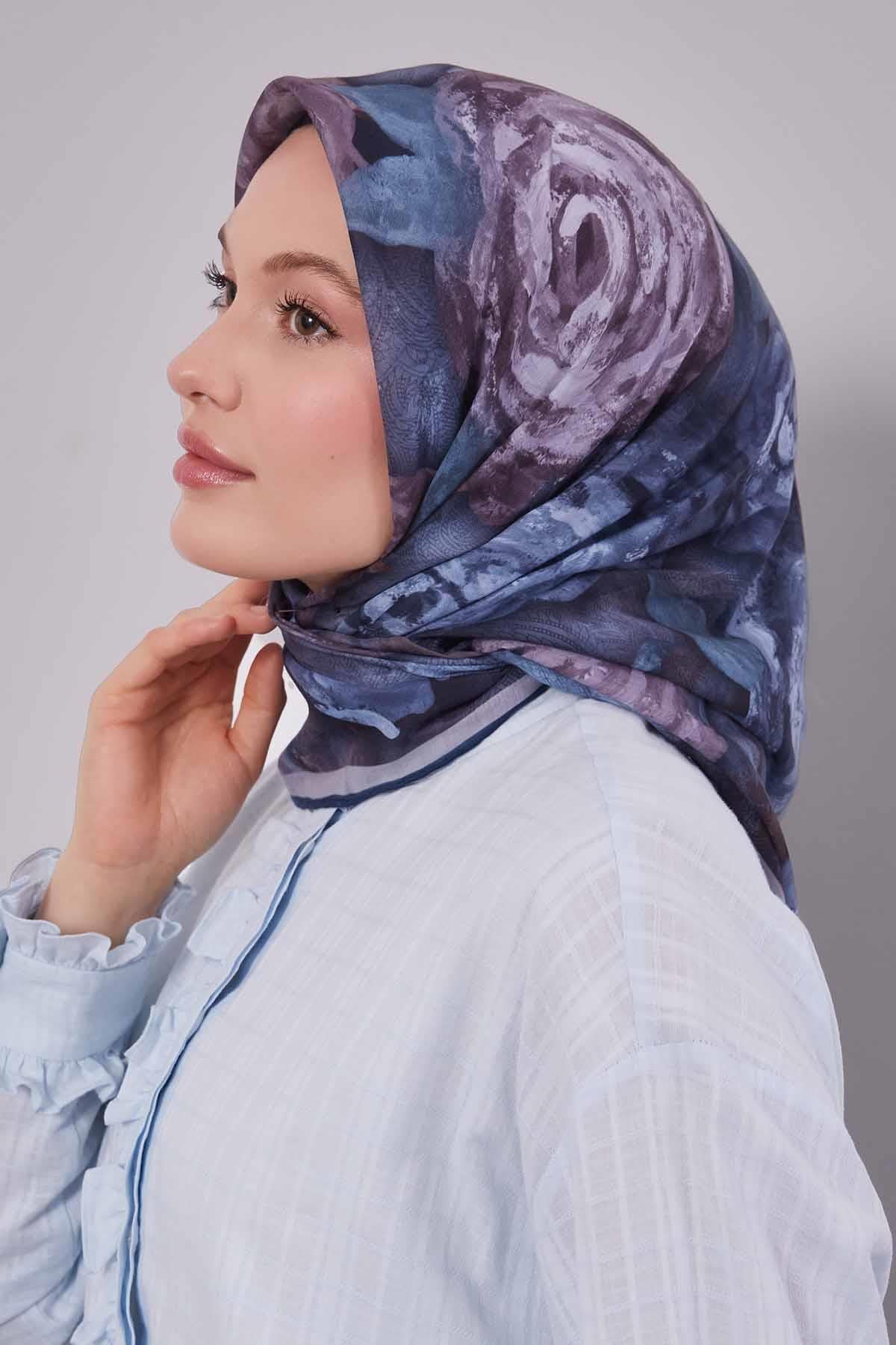 Fivescarf İndigo Lale Desen Silk Coton Eşarp