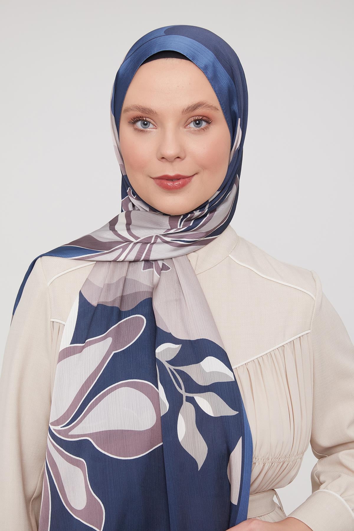 Fivescarf İndigo Soyut Çiçek Desen Brand Şal