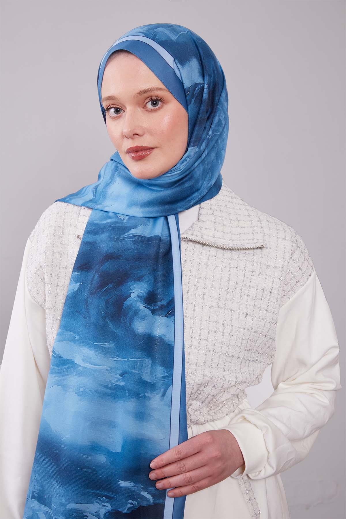 Fivescarf İndigo Soyut Desen Clover Şal