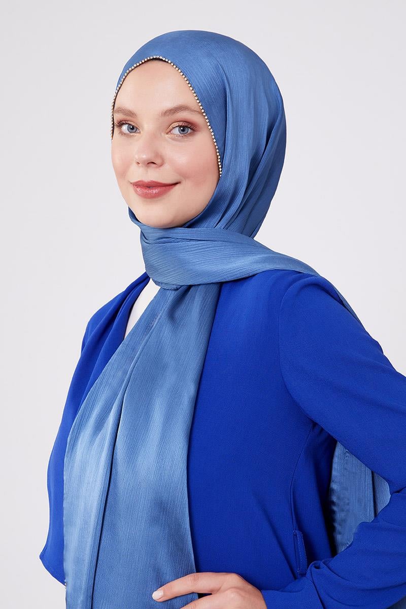 Fivescarf İndigo Yanları Taş Şeritli Brilant Şal