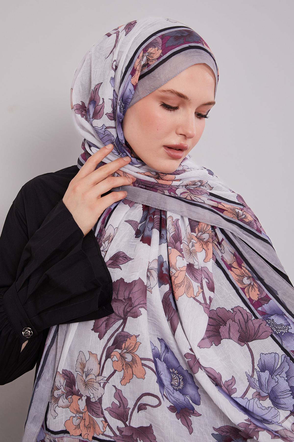 Fivescarf K.Gri Kenar Çiçek Desenli Craze Comfort Şal