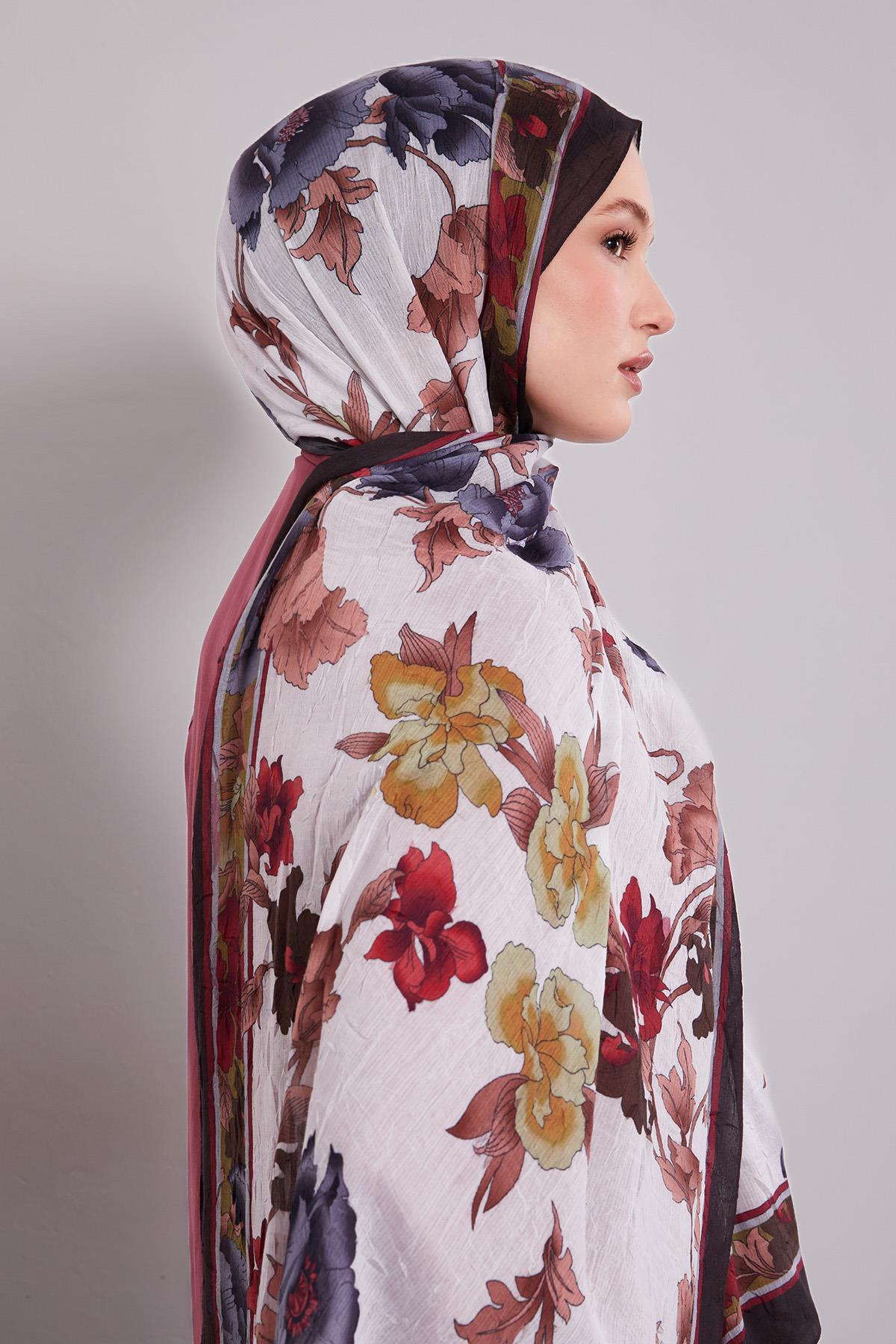 Fivescarf K.Kahve Kenar Çiçek Desenli Craze Comfort Şal