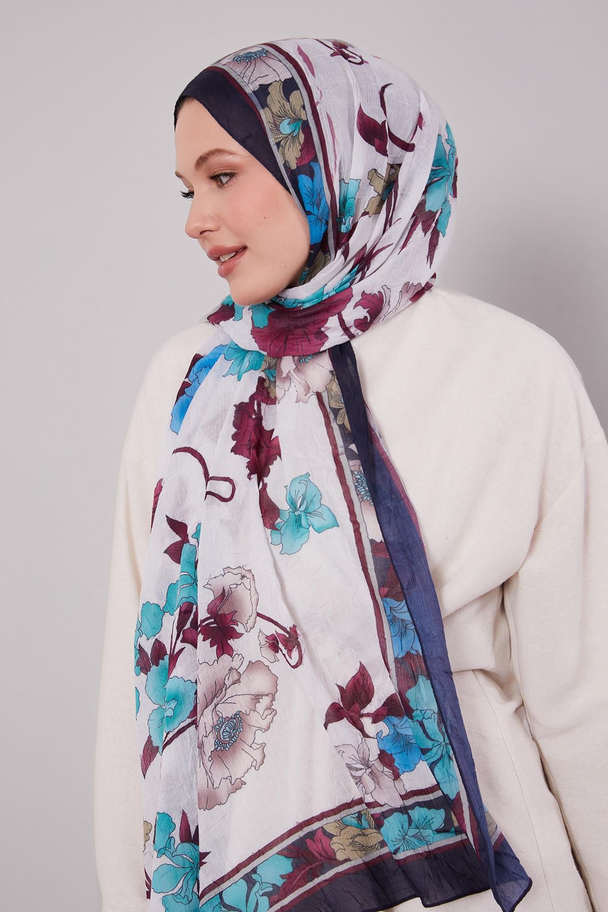 Fivescarf K.Lacivert Kenar Çiçek Desenli Craze Comfort Şal