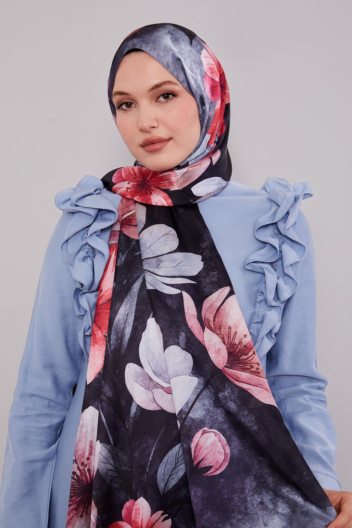 Fivescarf K.Mavi Lale Desen Vual İpek Şal