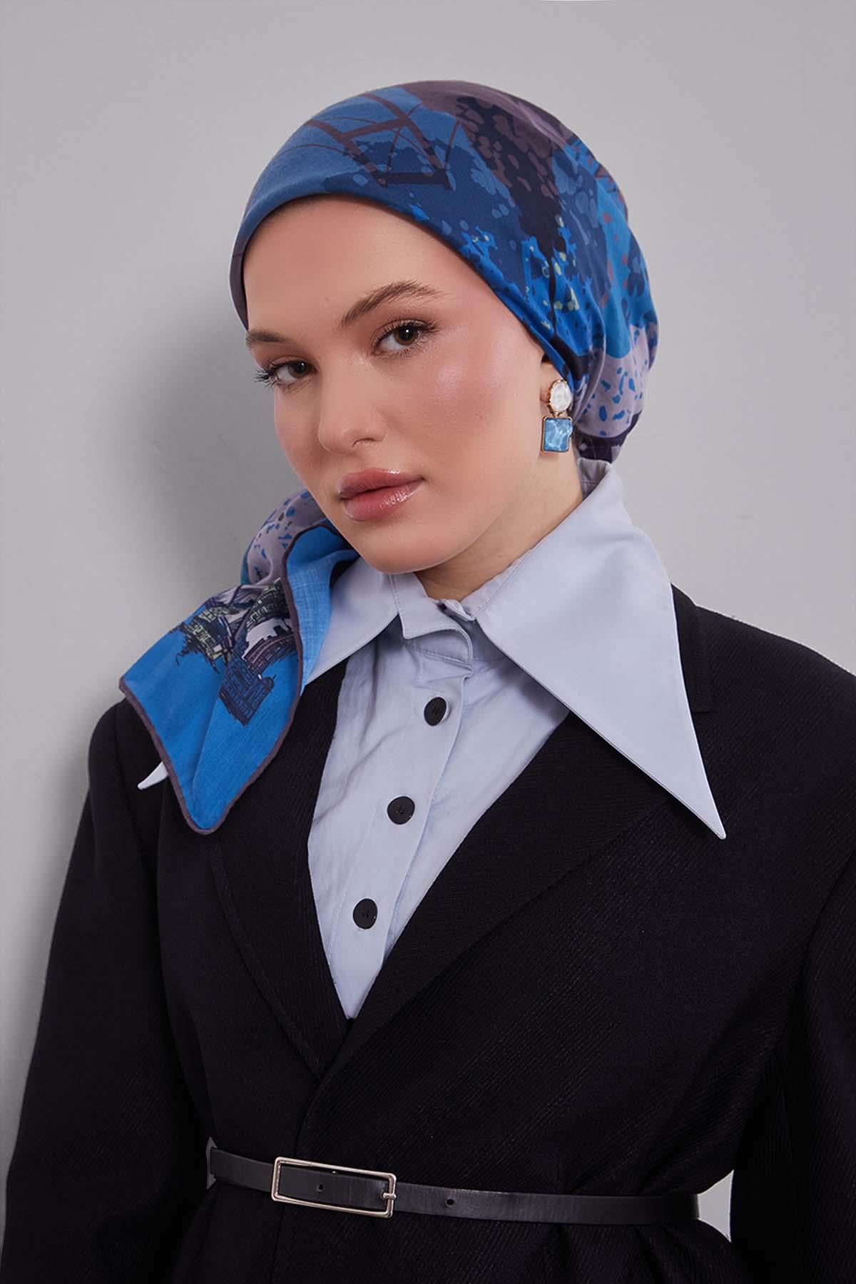 Fivescarf K.Mavi Manzara Desen Silk Coton Eşarp