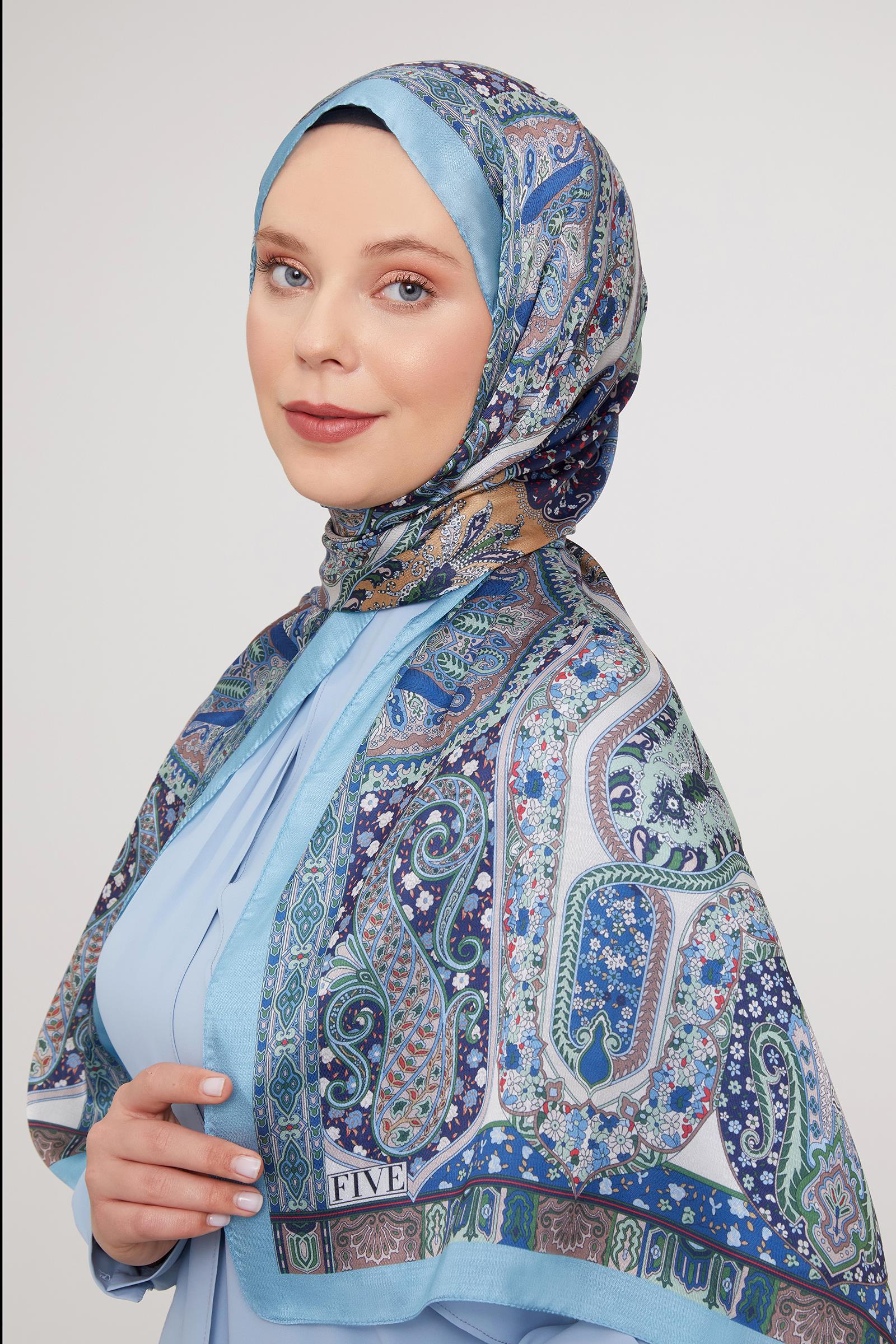 Fivescarf K.Mavi Etnik Baskılı Vual İpek Şal