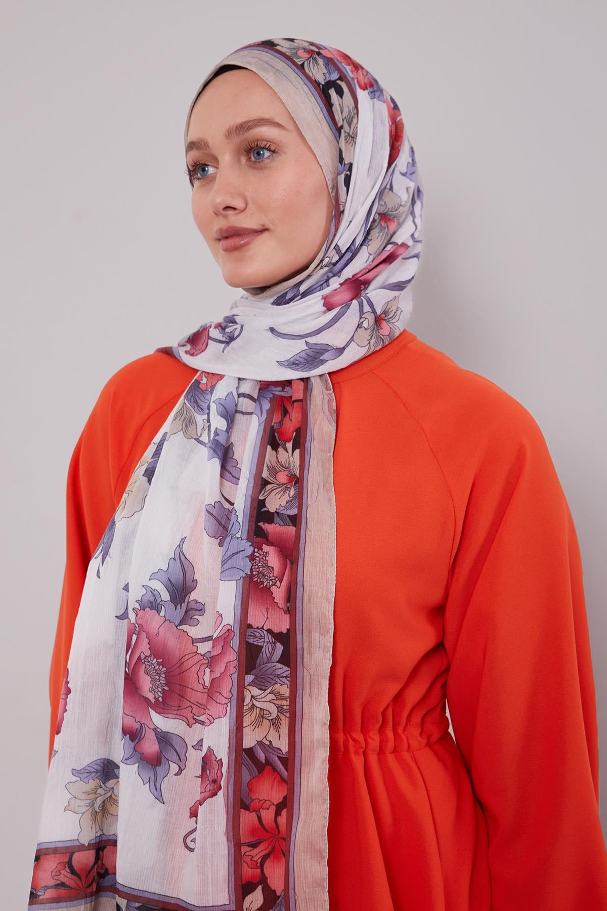 Fivescarf K.Bej Kenar Çiçek Desenli Craze Comfort Şal