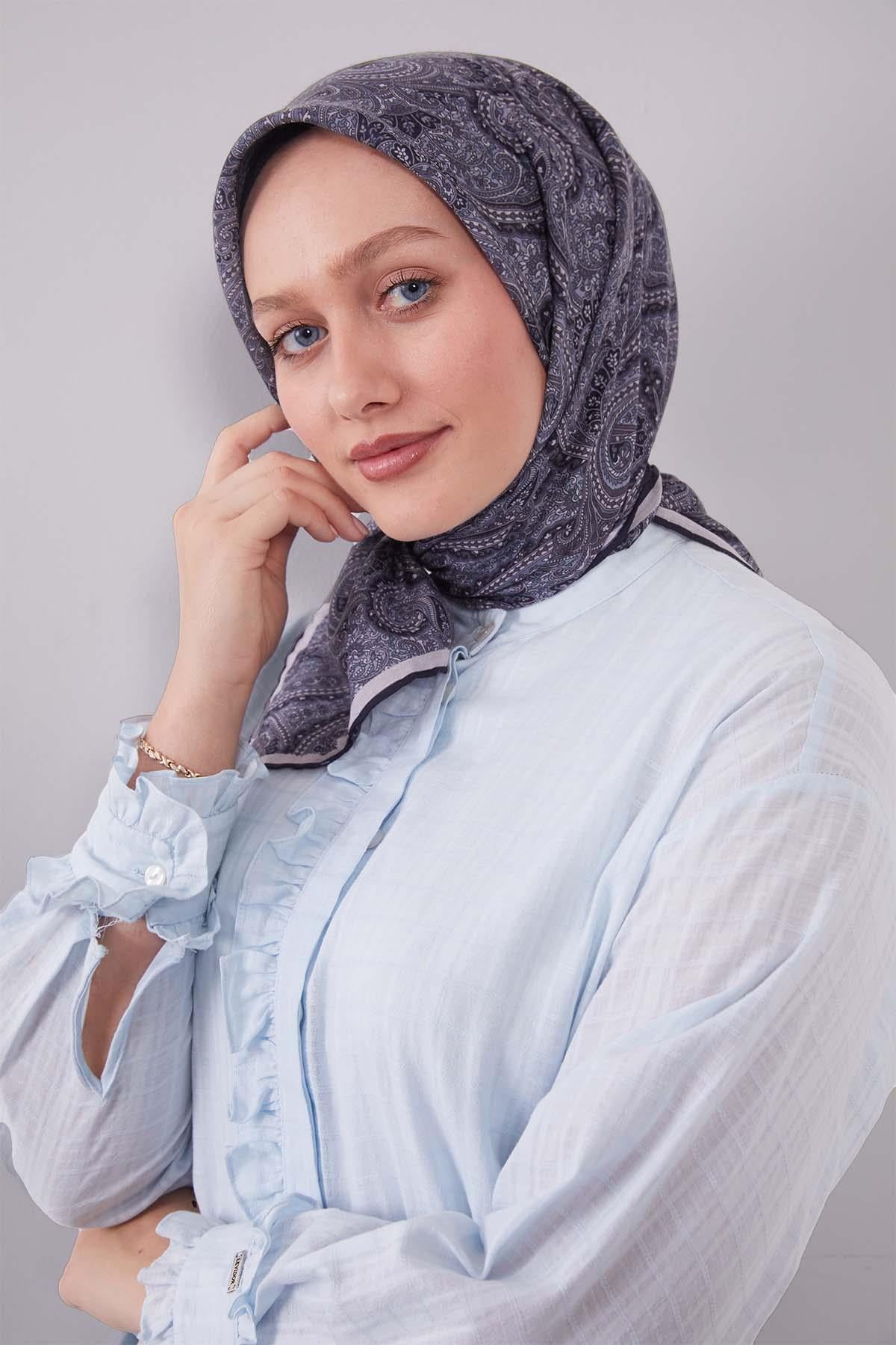 Fivescarf K.Lacivert Etnik Desen Silk Cotton Eşarp