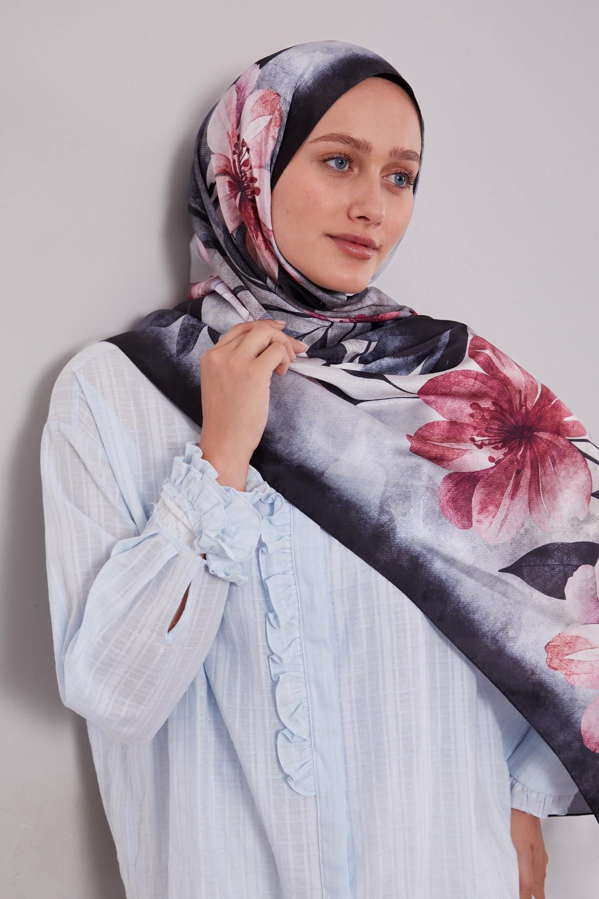 Fivescarf K.Lacivert Lale Desen Vual İpek Şal