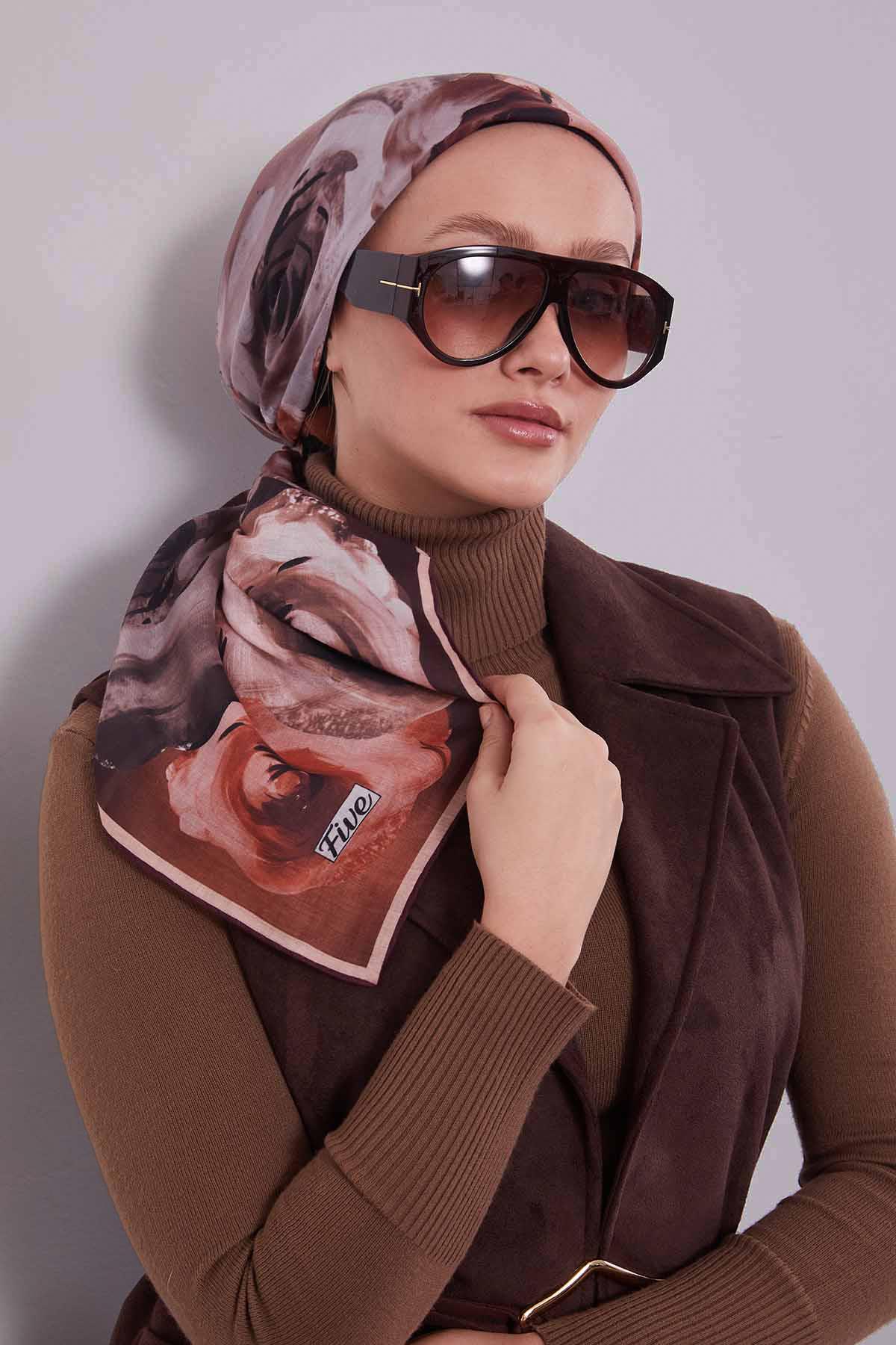 Fivescarf Kahve Çiçek Desen Slik Coton Eşarp