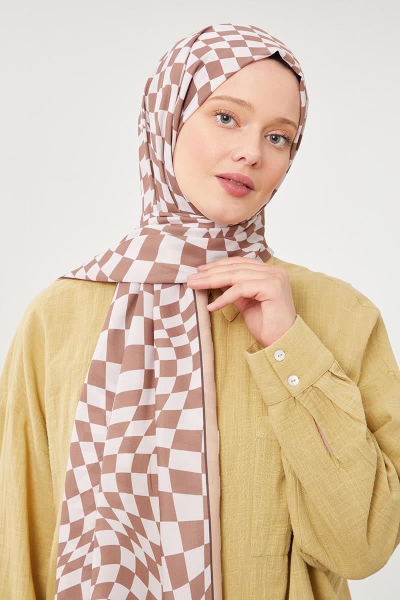 Fivescarf Kahve Dama Desen Mono Krep Şal
