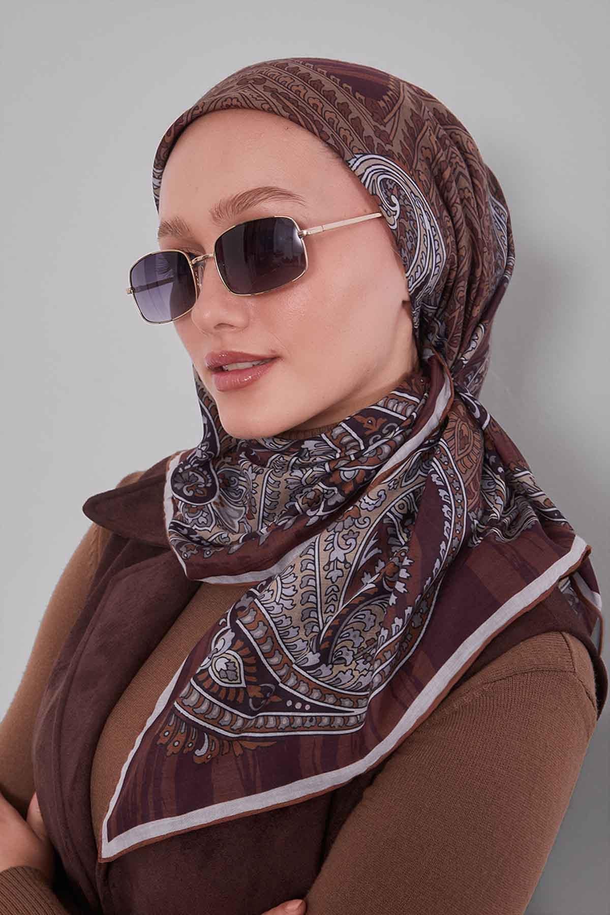 Fivescarf Kahve Ebruli Desen Silk Coton Eşarp
