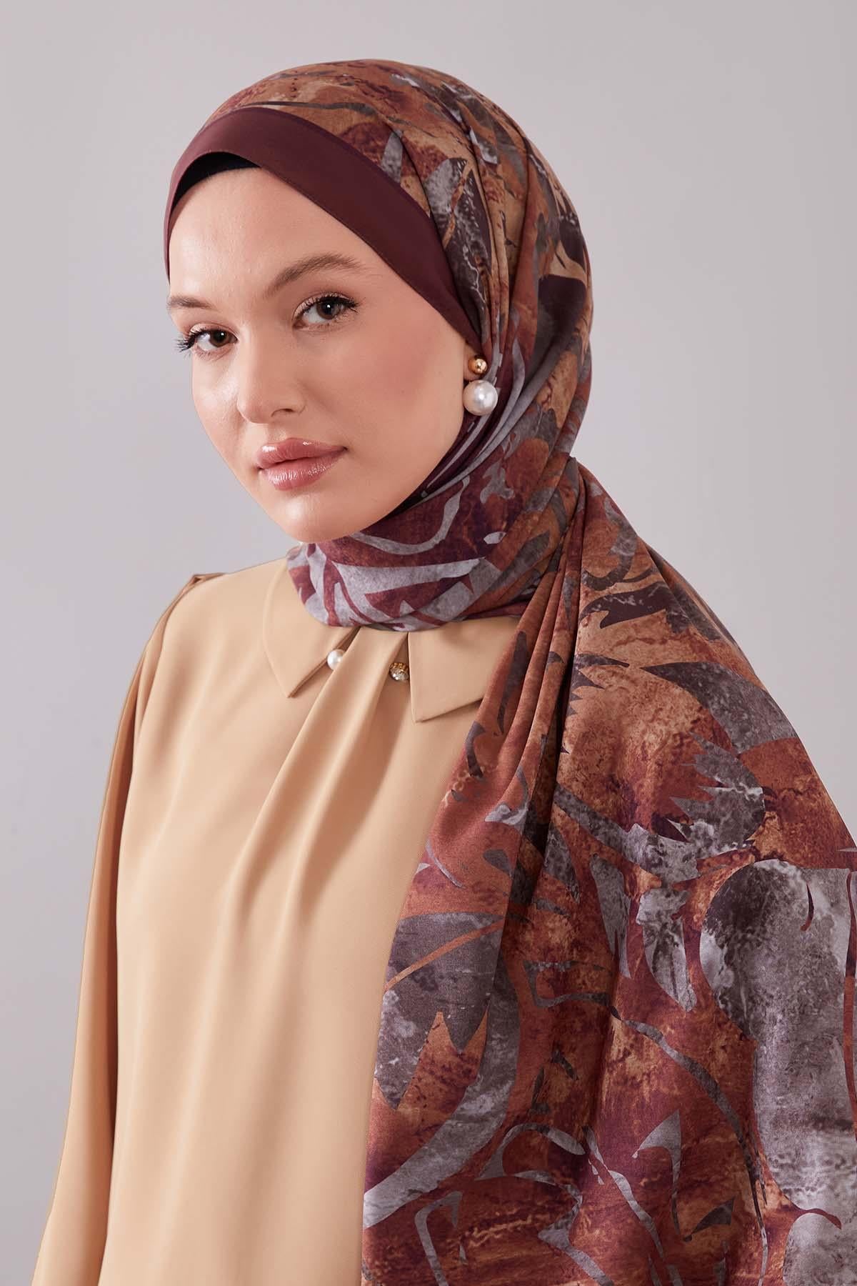 Fivescarf Kahve Geometrik Desen Moos Chrep Şal