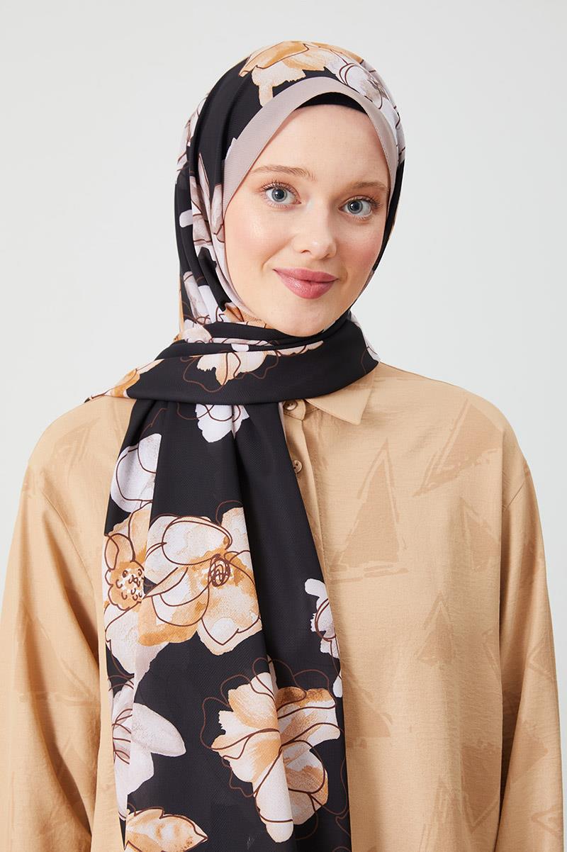 Fivescarf Kahve Gül Desen Violet Medine İpeği Şal